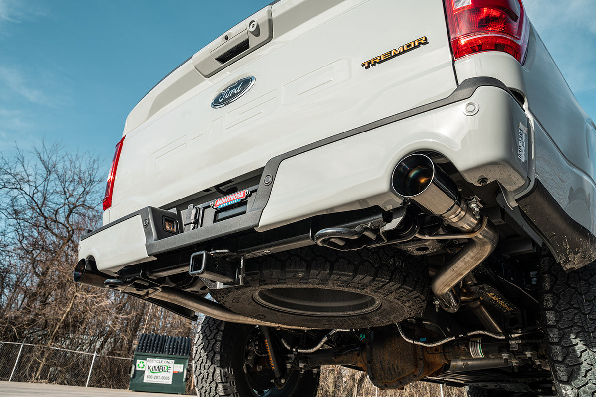 3.0 Inch to 2.75 Inch Dual Rear Exit Cat-back Exhaust System with 4.0 Inch Black PVD Straight Cut Tips Xtreme Sound Level 22-25 Ford F-150 Tremor 145 Inch Wheel Base Corsa Performance