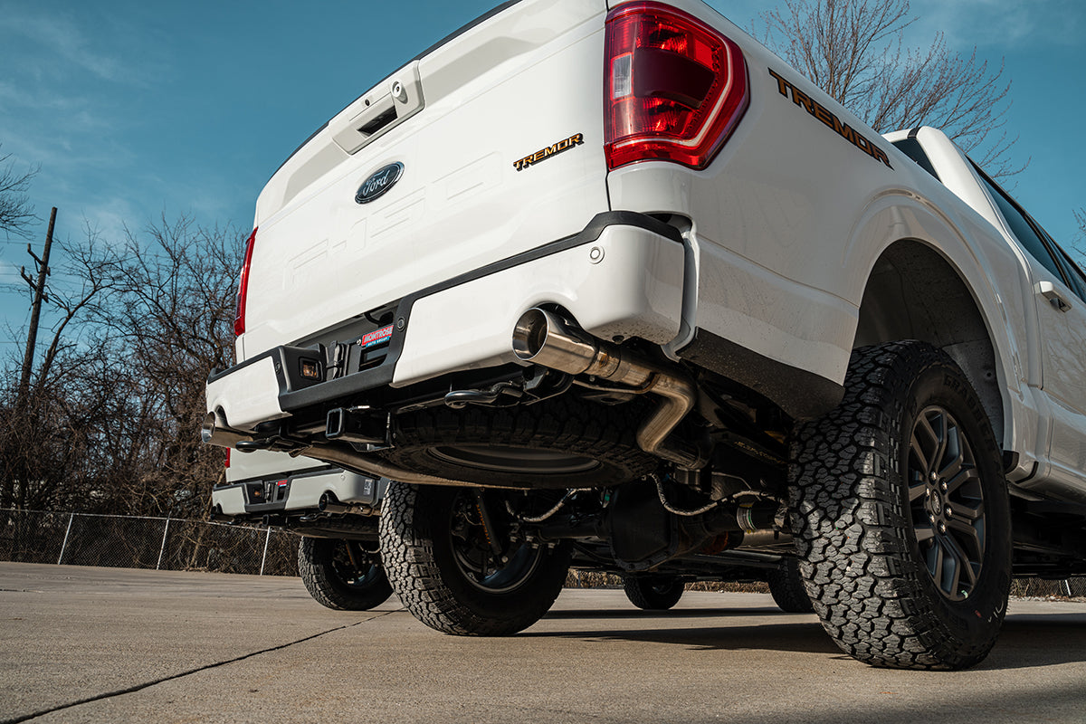 3.0 Inch to 2.75 Inch Dual Rear Exit Cat-back Exhaust System with 4.0 Inch Black PVD Straight Cut Tips Xtreme Sound Level 22-25 Ford F-150 Tremor 145 Inch Wheel Base Corsa Performance