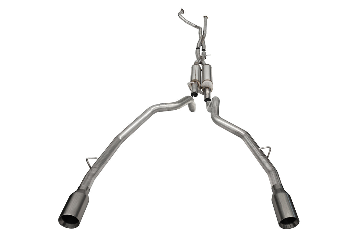 3.0 Inch True Dual Catback Exhaust System with Dual Rear Exit and Flat Cut 5.0 Inch Gunmetal PVD Tips 21-24 Dodge RAM TRX 144.6 Inch Wheel Base Corsa Performance