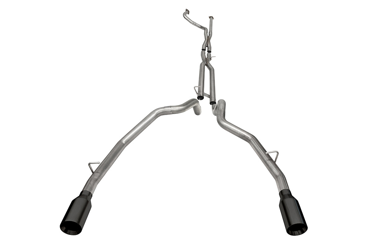 3.0 Inch Dual Rear Exit Catback Exhaust System with Flat Cut 5.0 Inch Dual Wall Black Powder Coat Tips 21-24 Dodge RAM TRX 144.6 Inch Wheel Base Corsa Performance