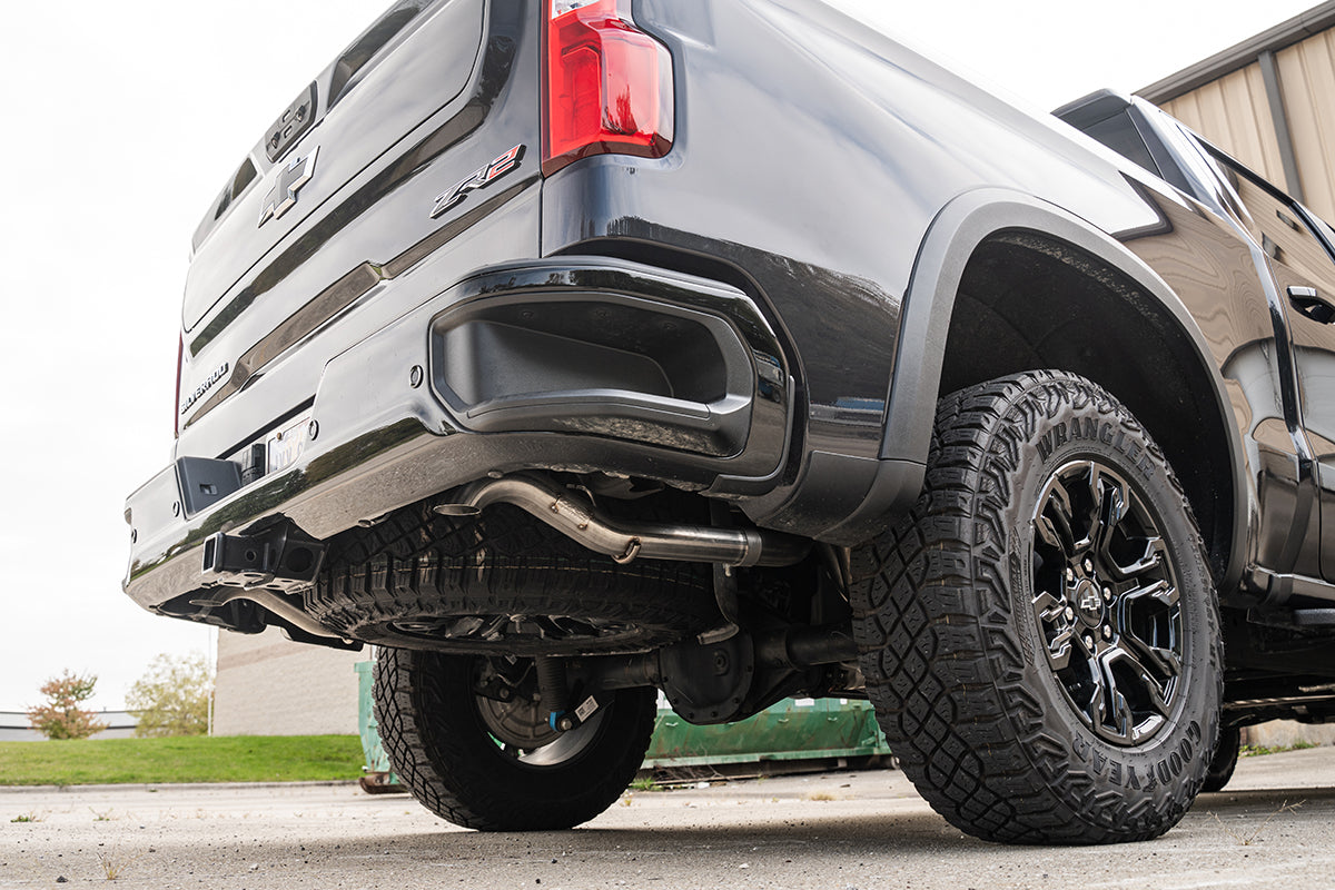 3.0 Inch Dual Rear Exit Cat-Back Exhaust System with Turndown Exhaust Tips 22-24 Chevrolet Silverado ZR/22-24 GMC Sierra AT4X2 147.5 Inch Wheel Base Corsa Performance