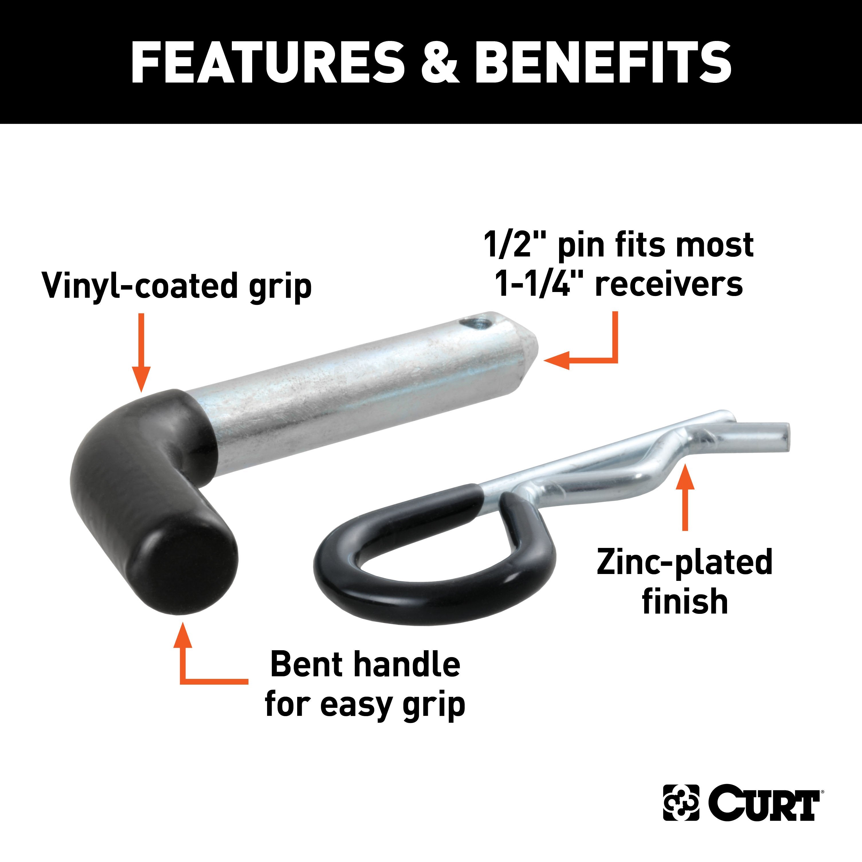 CURT Trailer Hitch Pin & Clip with Vinyl-Coated Grip, 1/2-Inch Diameter, Fits 1-1/4-Inch Receiver Model 21410