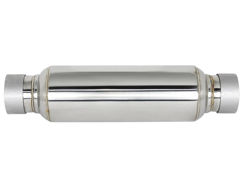 afe MACH Force-Xp resonator with 2-1/2 inch inlet/outlet, 4 inch diameter, 12 inch body, and 15 inch overall length.