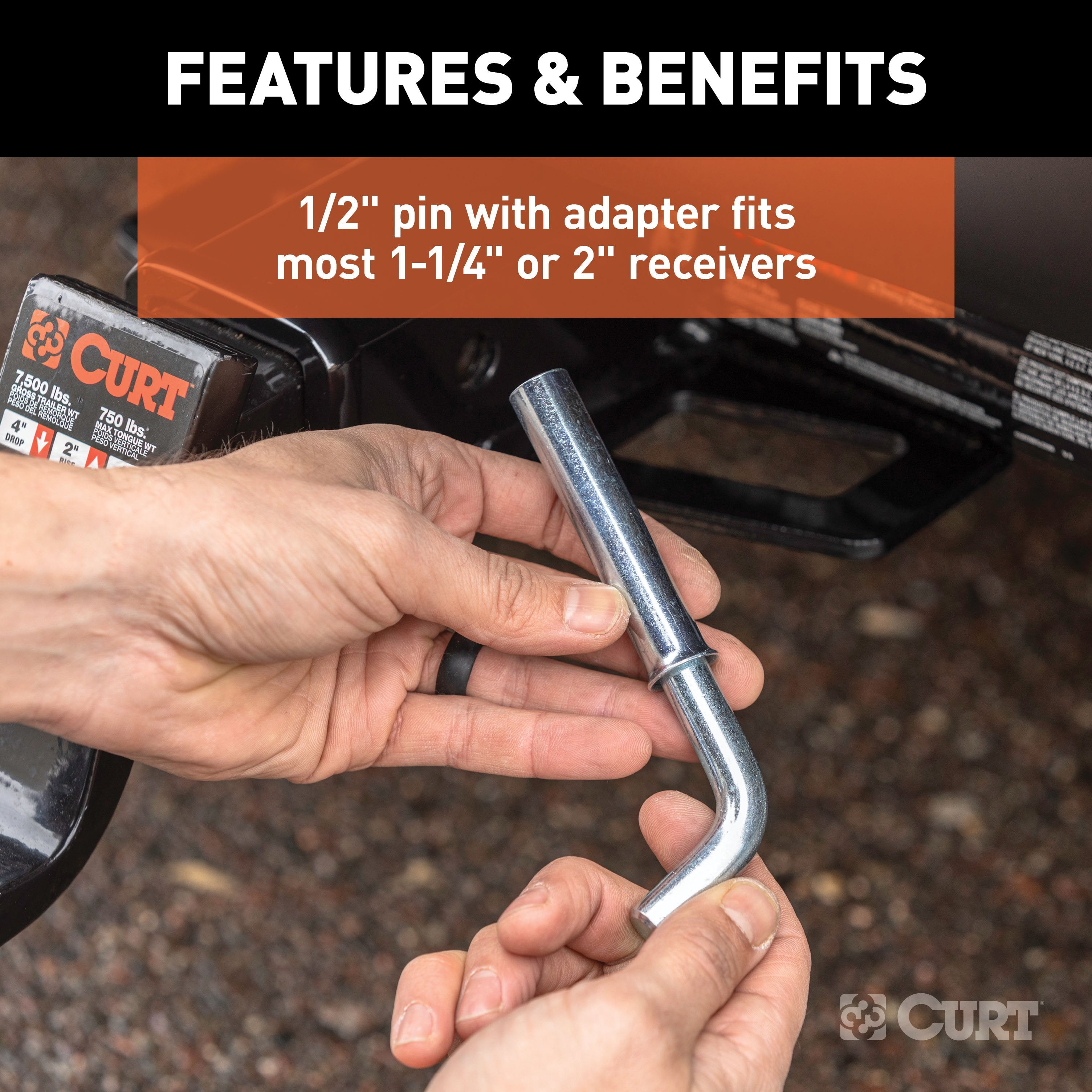 CURT Trailer Hitch Pin & Clip, 1/2-Inch Diameter with 5/8-Inch Adapter, Fits 1-1/4 or 2-Inch Receiver Model 21502