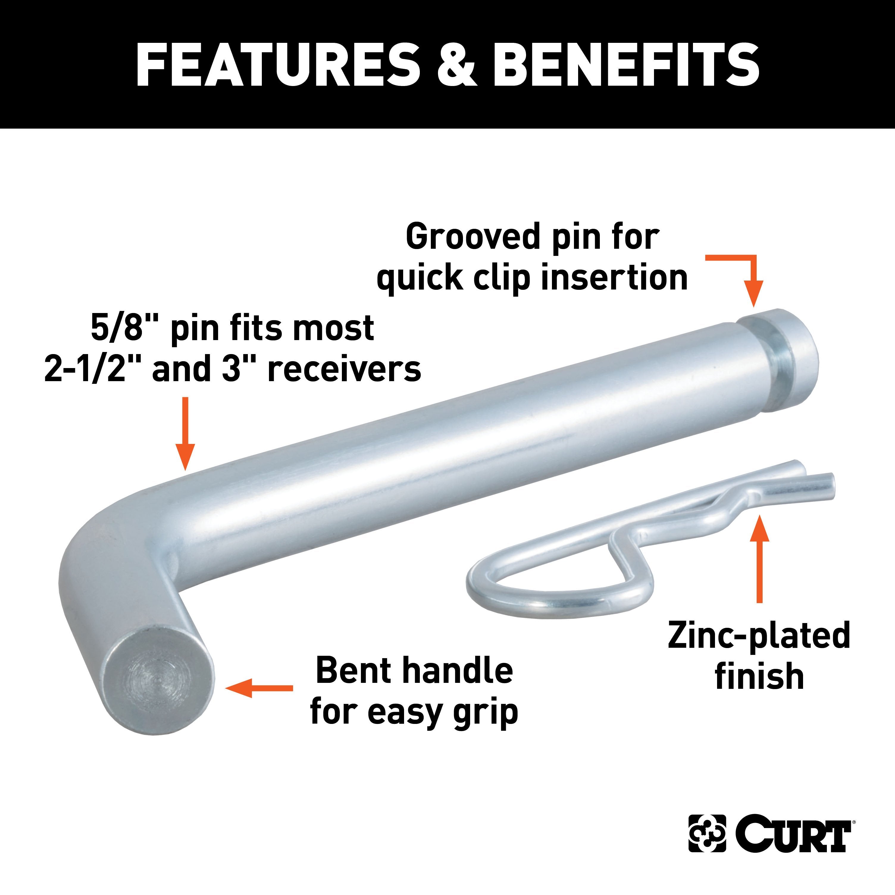 CURT Heavy-Duty Trailer Hitch Pin & Clip with Grooved Head, 5/8-Inch Diameter, Fits 2-1/2 or 3-Inch Receiver Model 21507