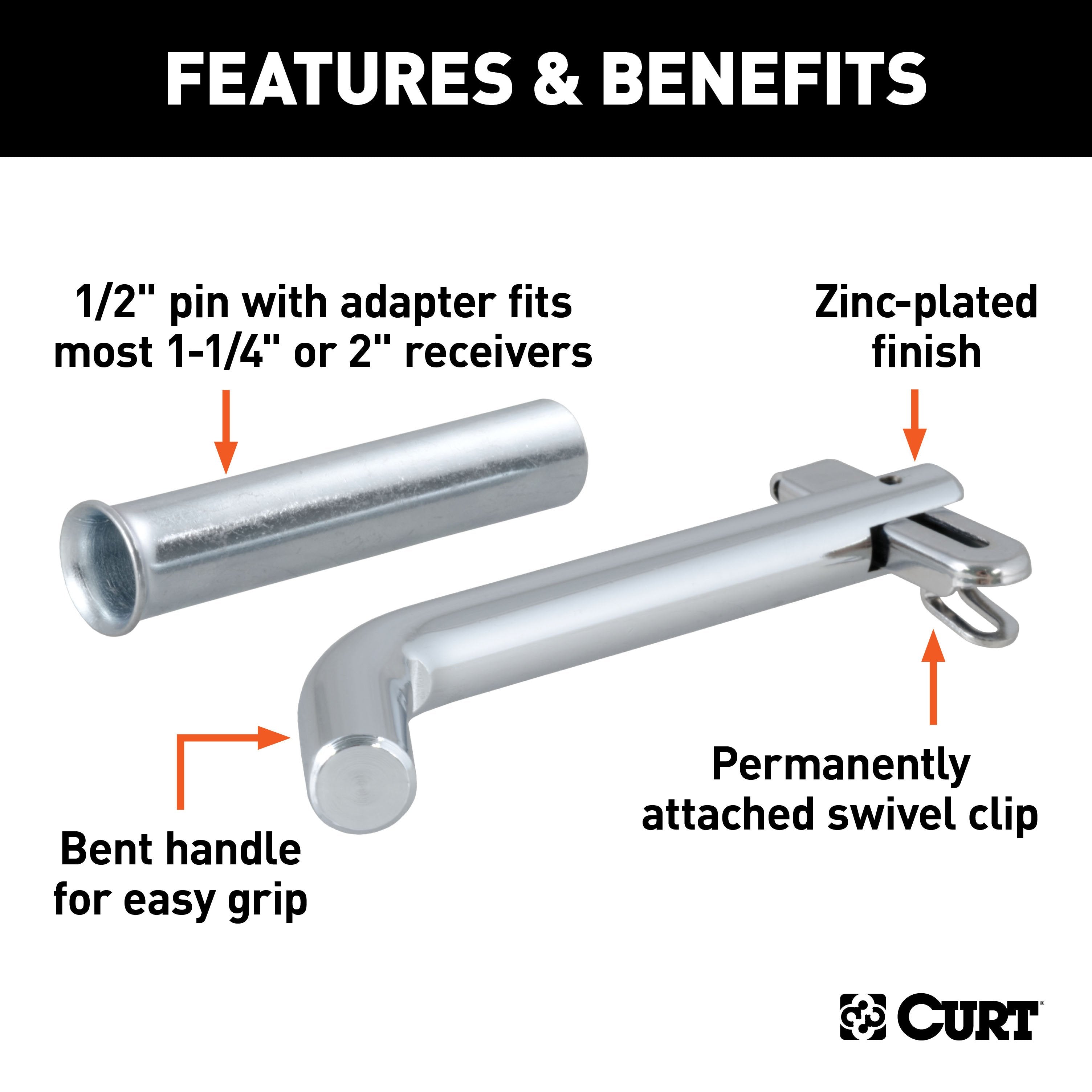 CURT Swivel Trailer Hitch Pin, 1/2-Inch Diameter with 5/8-Inch Adapter, Fits 1-1/4 or 2-Inch Receiver Model 21561