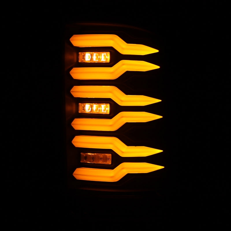 AlphaRex Luxx-Series LED tail lights for 07-13 GMC Sierra 1500 and 07-14 2500/3500HD, featuring a sleek black design.
