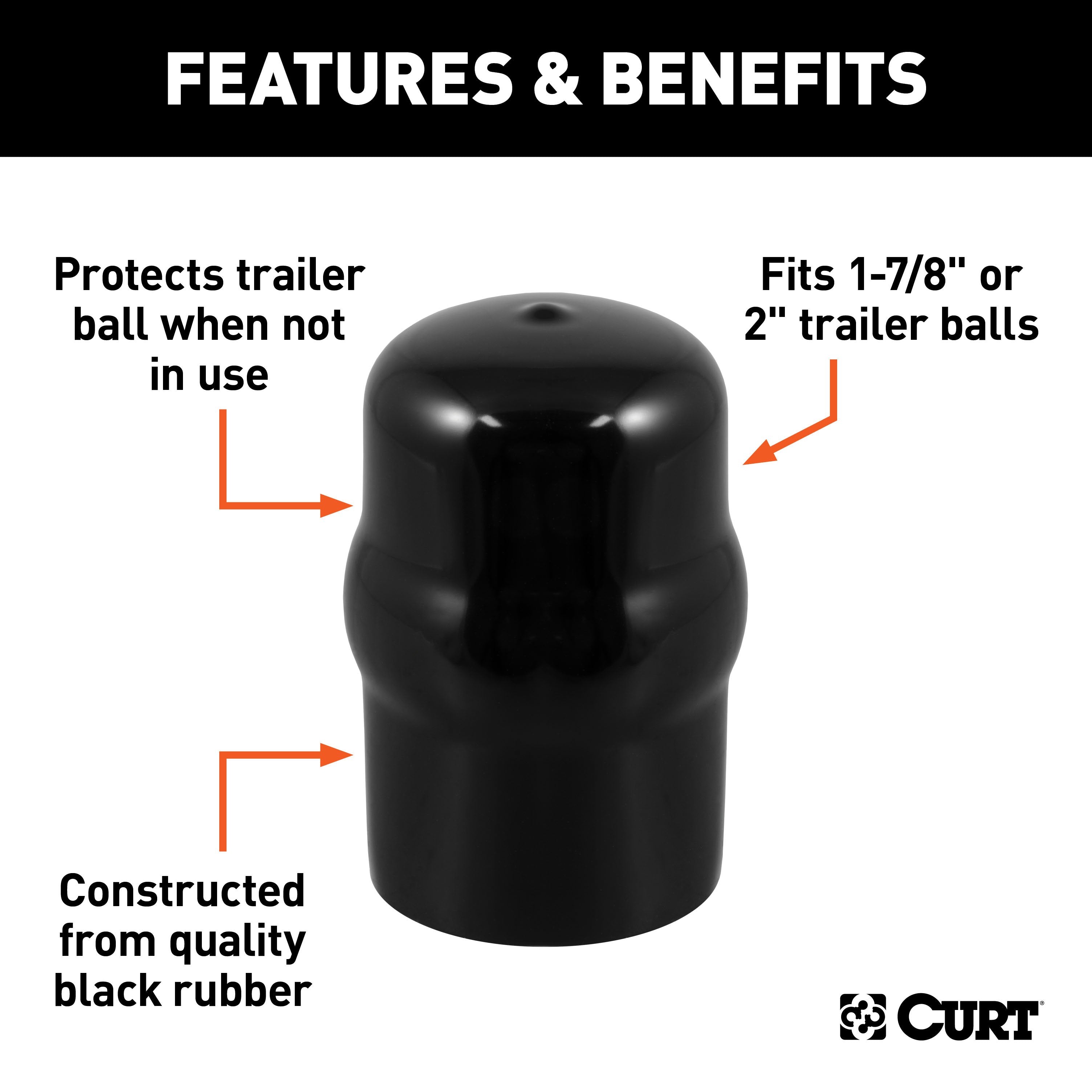 CURT Black Rubber Trailer Hitch Ball Cover, 1-7/8 or 2-Inch Diameter Model 21801
