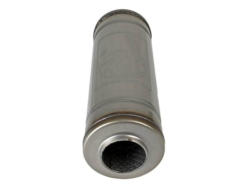 AFE MACH Force-Xp muffler featuring a round body design, 2-1/2 inch inlet, 9 inch diameter, and 14 inch length.