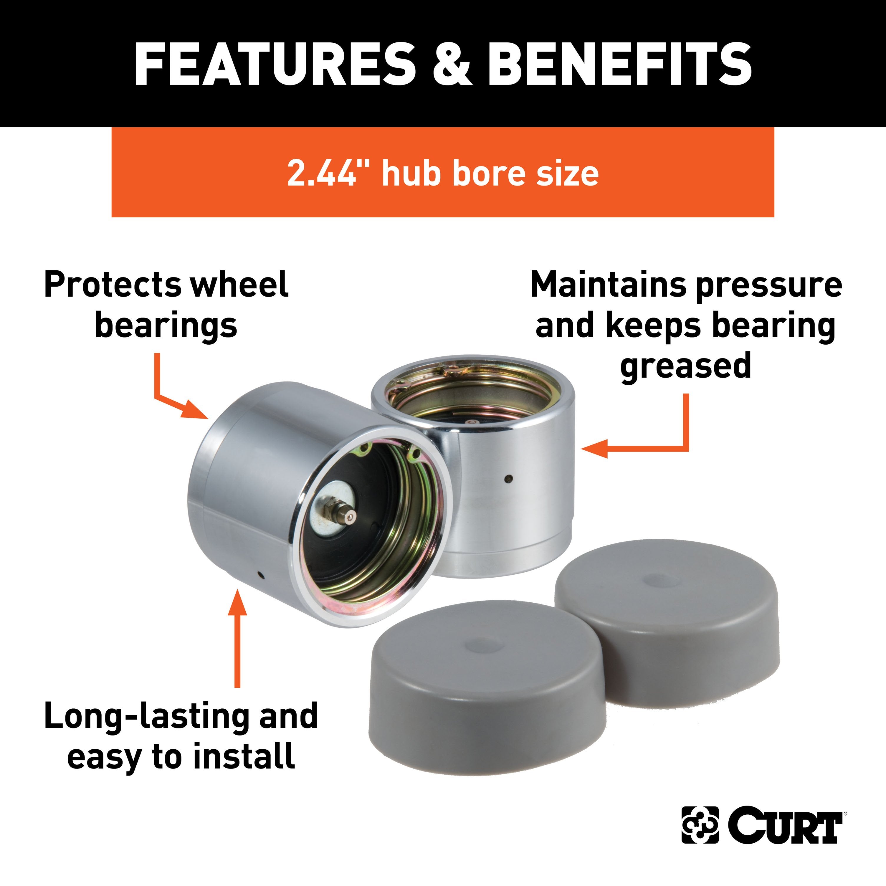 CURT 2.44-Inch Trailer Wheel Bearing Protectors and Dust Covers, 2-Pack Model 22244