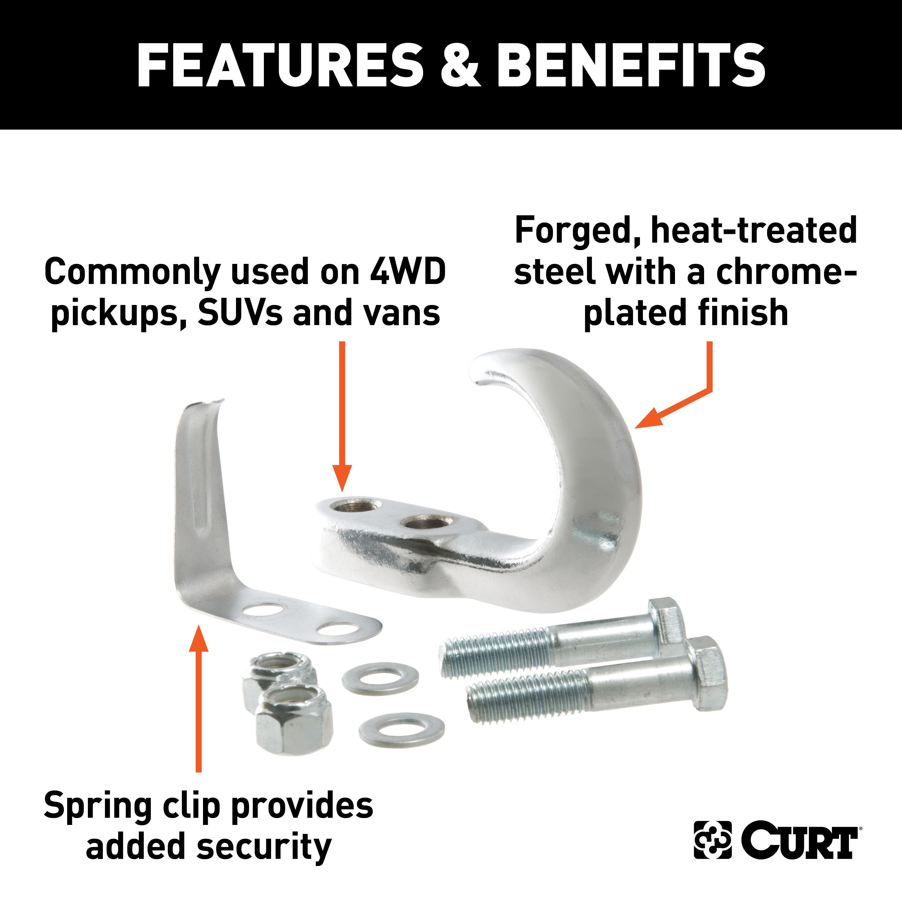 CURT Bolt-On Chrome Steel Tow Hook with Spring Clip, 10,000 lbs Capacity Model 22401