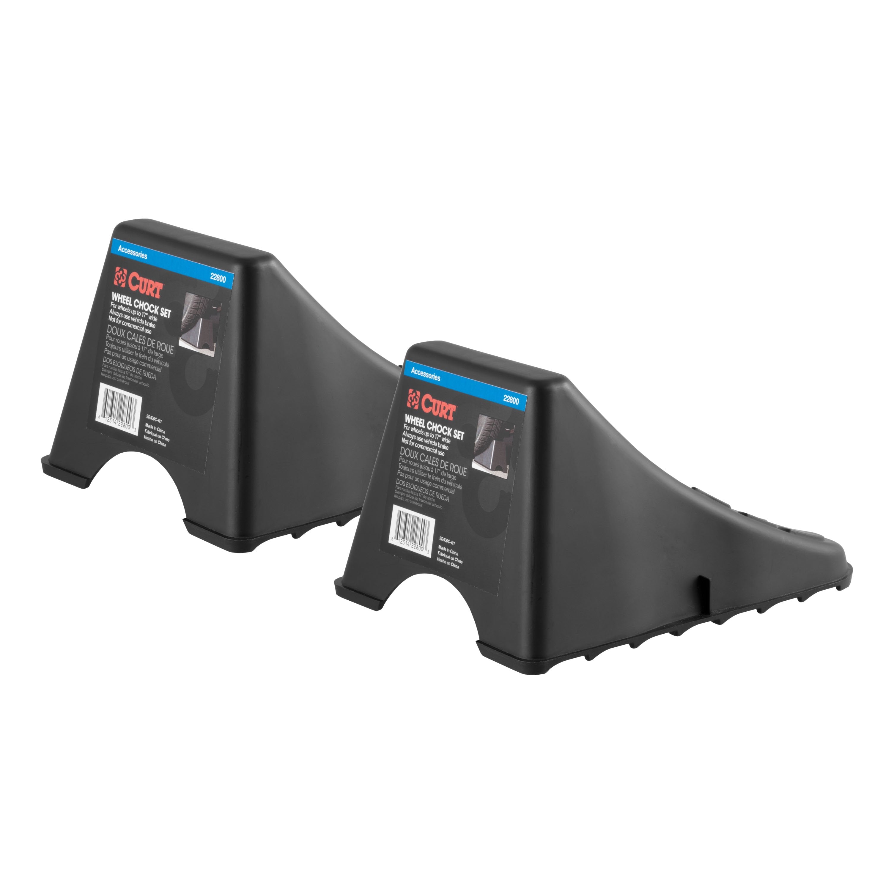 CURT Black Plastic Wheel Chocks, Vehicle, Trailer, Truck, RV, 2-Pack Model 22800