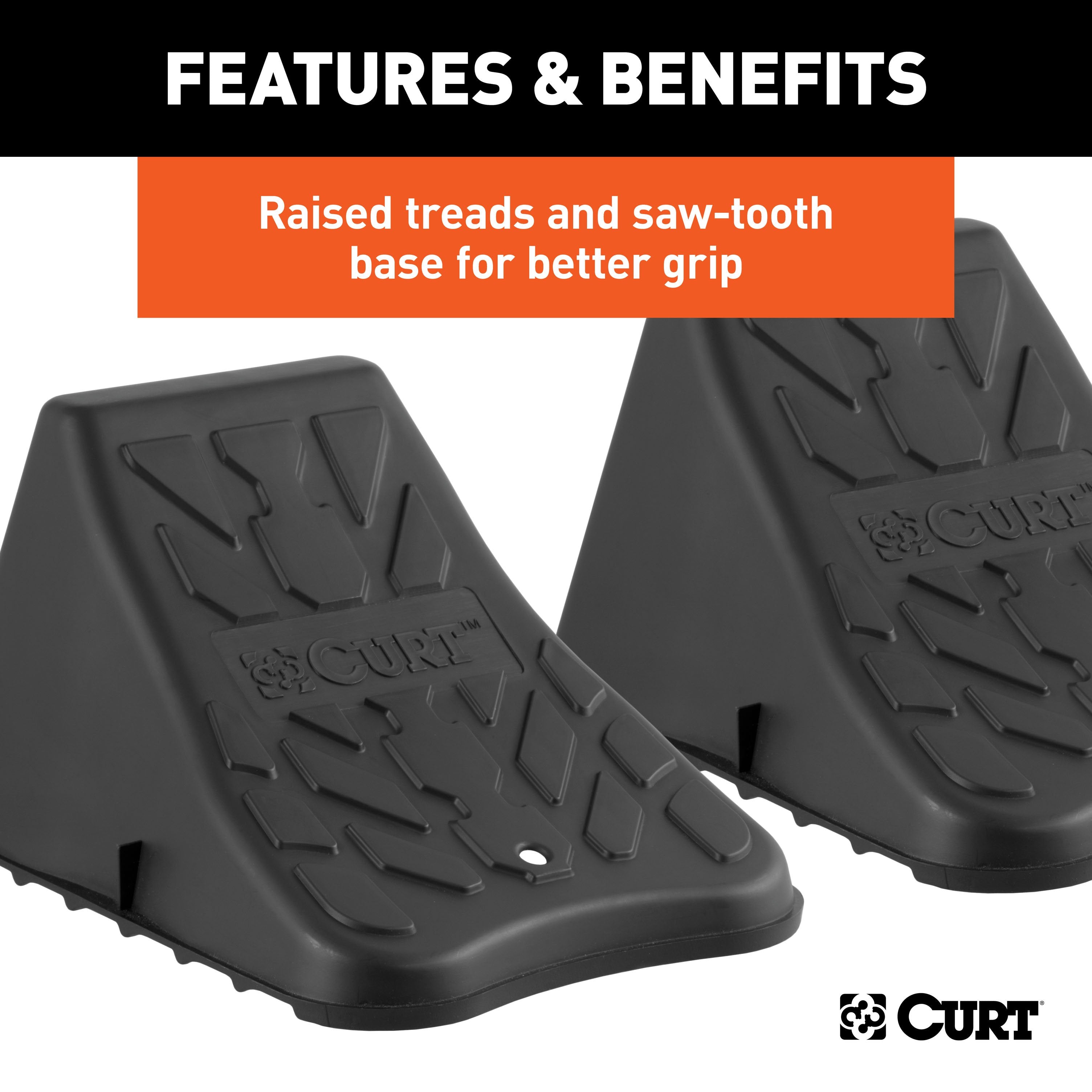 CURT Black Plastic Wheel Chocks, Vehicle, Trailer, Truck, RV, 2-Pack Model 22800