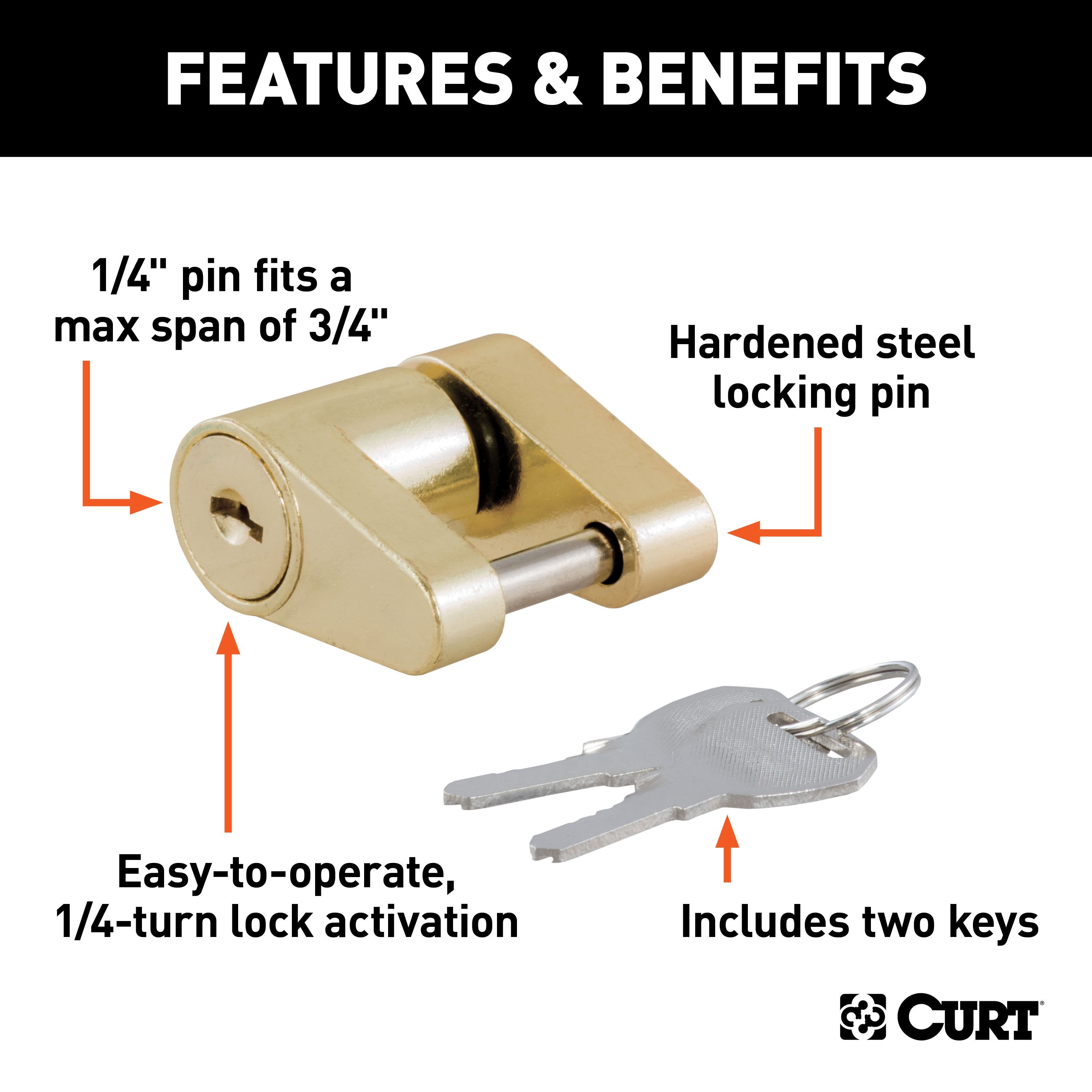 CURT Brass-Plated Steel Trailer Tongue Coupler Lock, 1/4-Inch Pin Diameter, Up to 3/4-Inch Span Model 23022