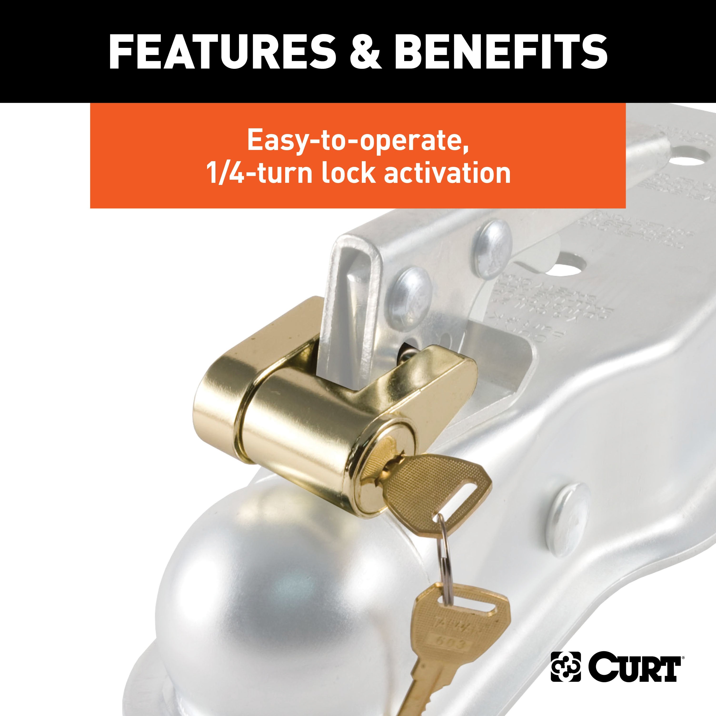 CURT Brass-Plated Steel Trailer Tongue Coupler Lock, 1/4-Inch Pin Diameter, Up to 3/4-Inch Span Model 23022