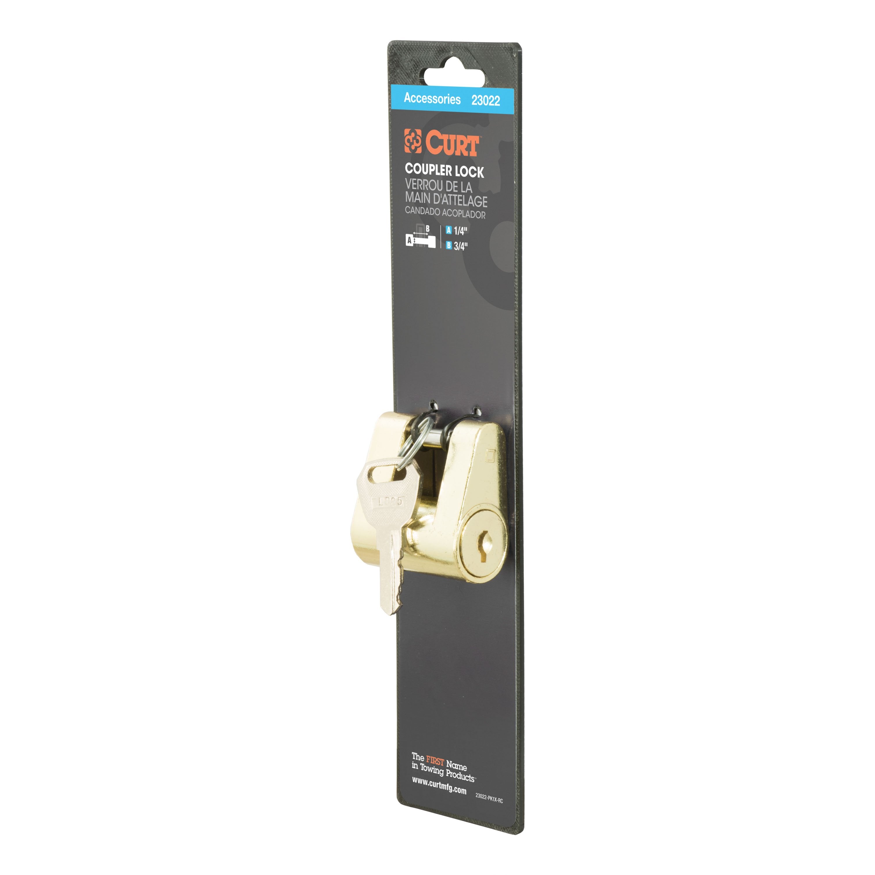 CURT Brass-Plated Steel Trailer Tongue Coupler Lock, 1/4-Inch Pin Diameter, Up to 3/4-Inch Span Model 23022