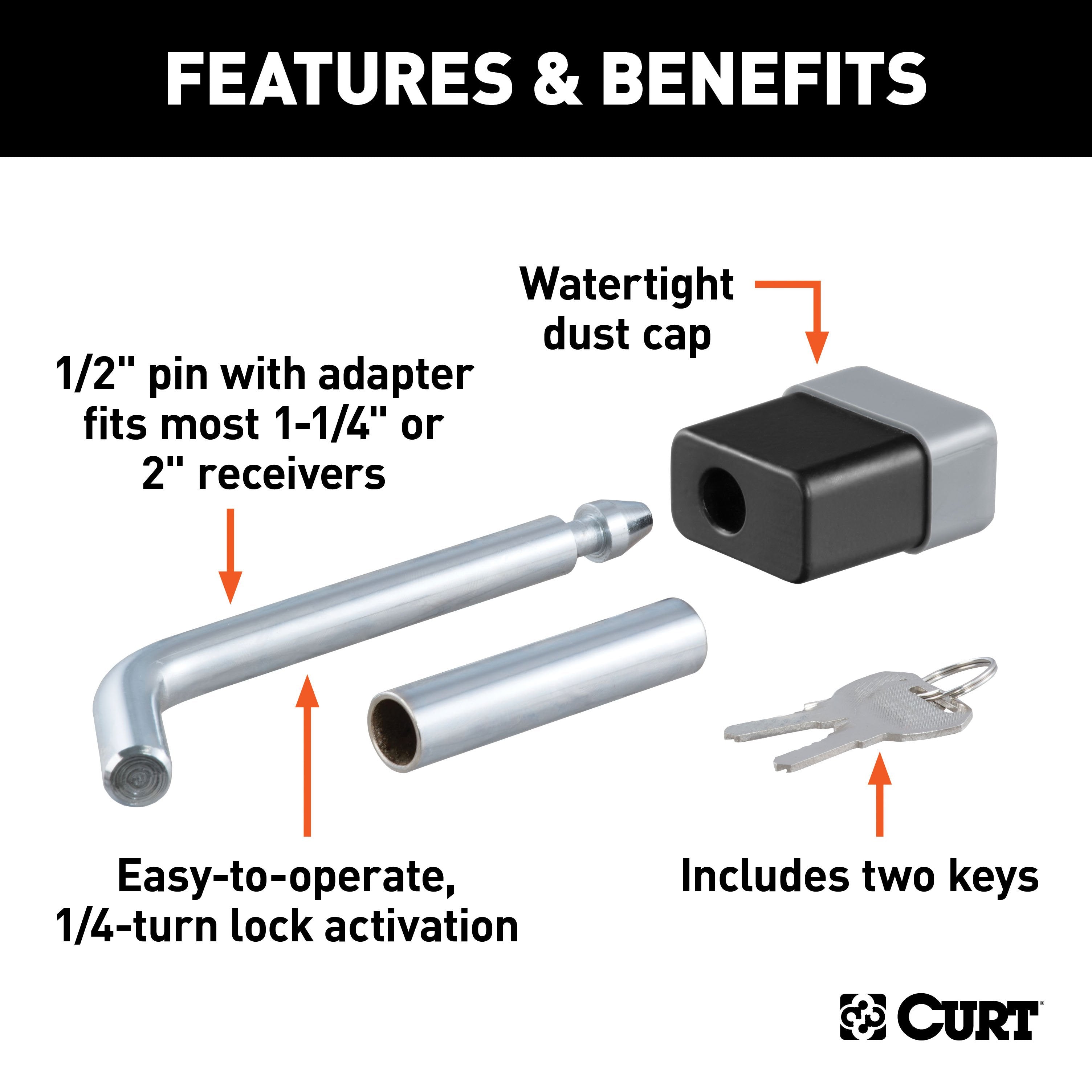 CURT Trailer Hitch Lock, 1/2-Inch Pin Diameter, 5/8-Inch Adapter, Fits 1-1/4 or 2-Inch Receiver Model 23024
