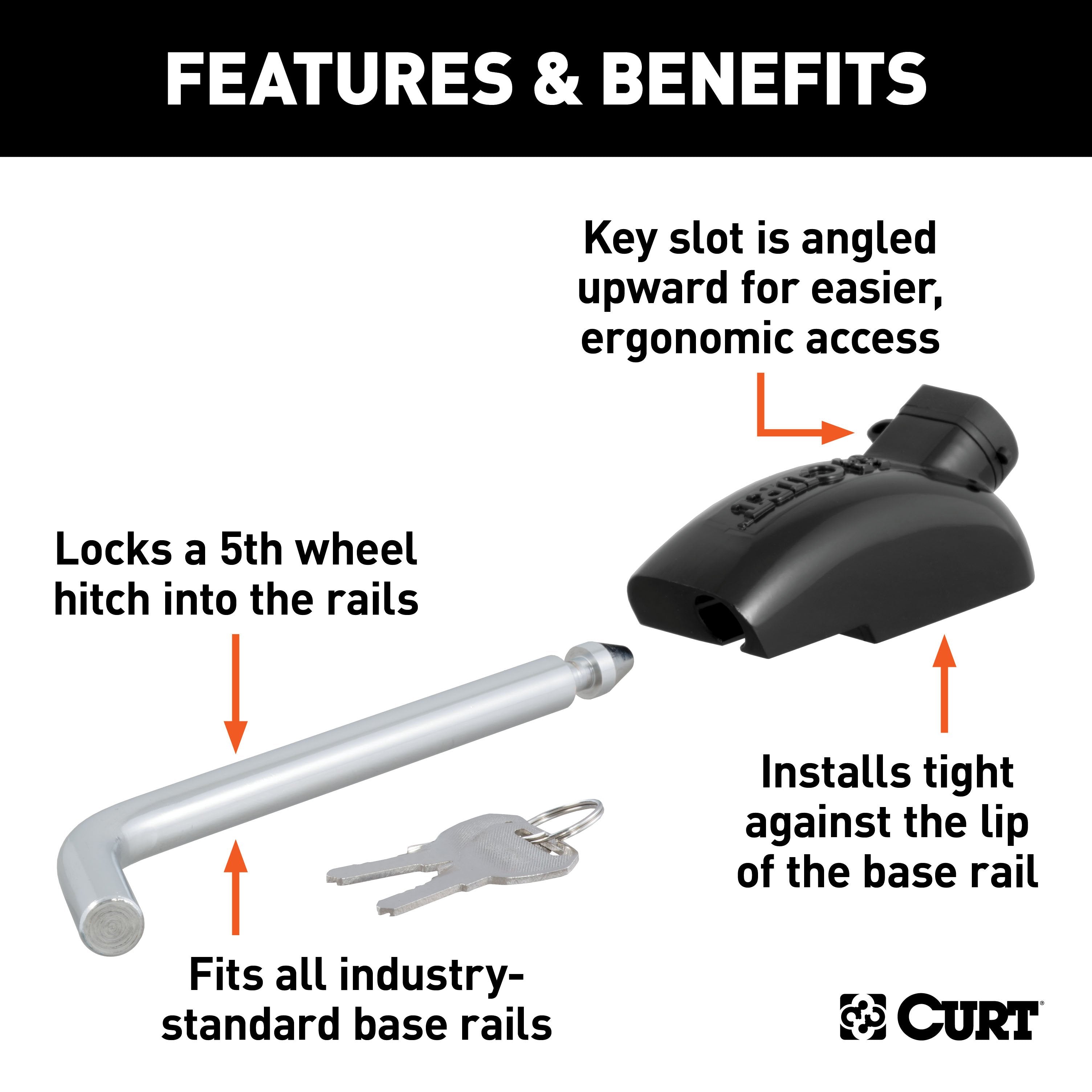 CURT 5th Wheel Base Rail Lock, 1/2-Inch Pin Diameter, Fits All Industry-Standard Rails Model 23256