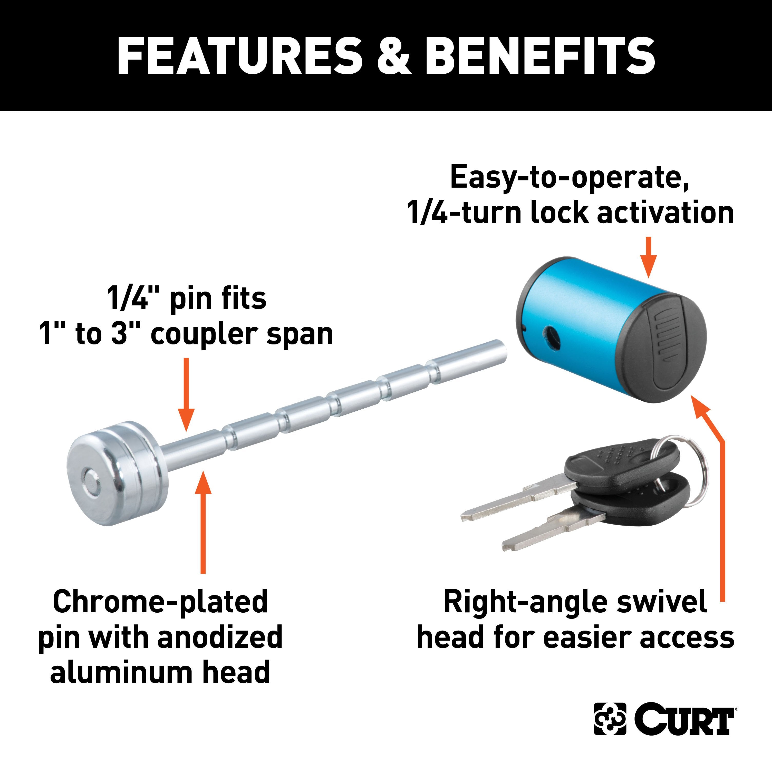 CURT Right-Angle Trailer Coupler Lock, 1/4-Inch Pin Diameter, Up to 3-Inch Span Model 23503