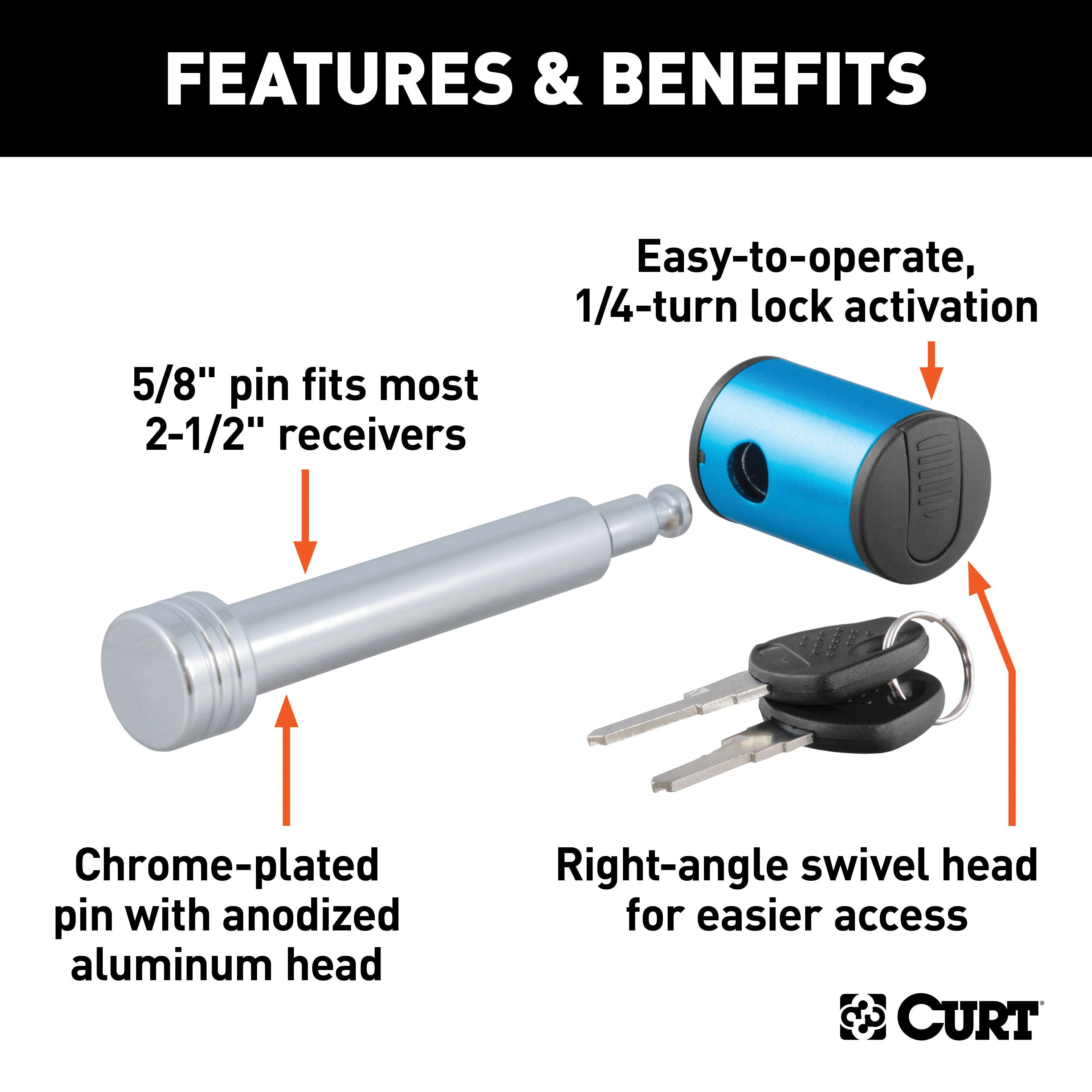 CURT Right-Angle Trailer Hitch Lock, 5/8-Inch Pin Diameter, Fits 2 or 2-1/2-Inch Receiver Model 23504
