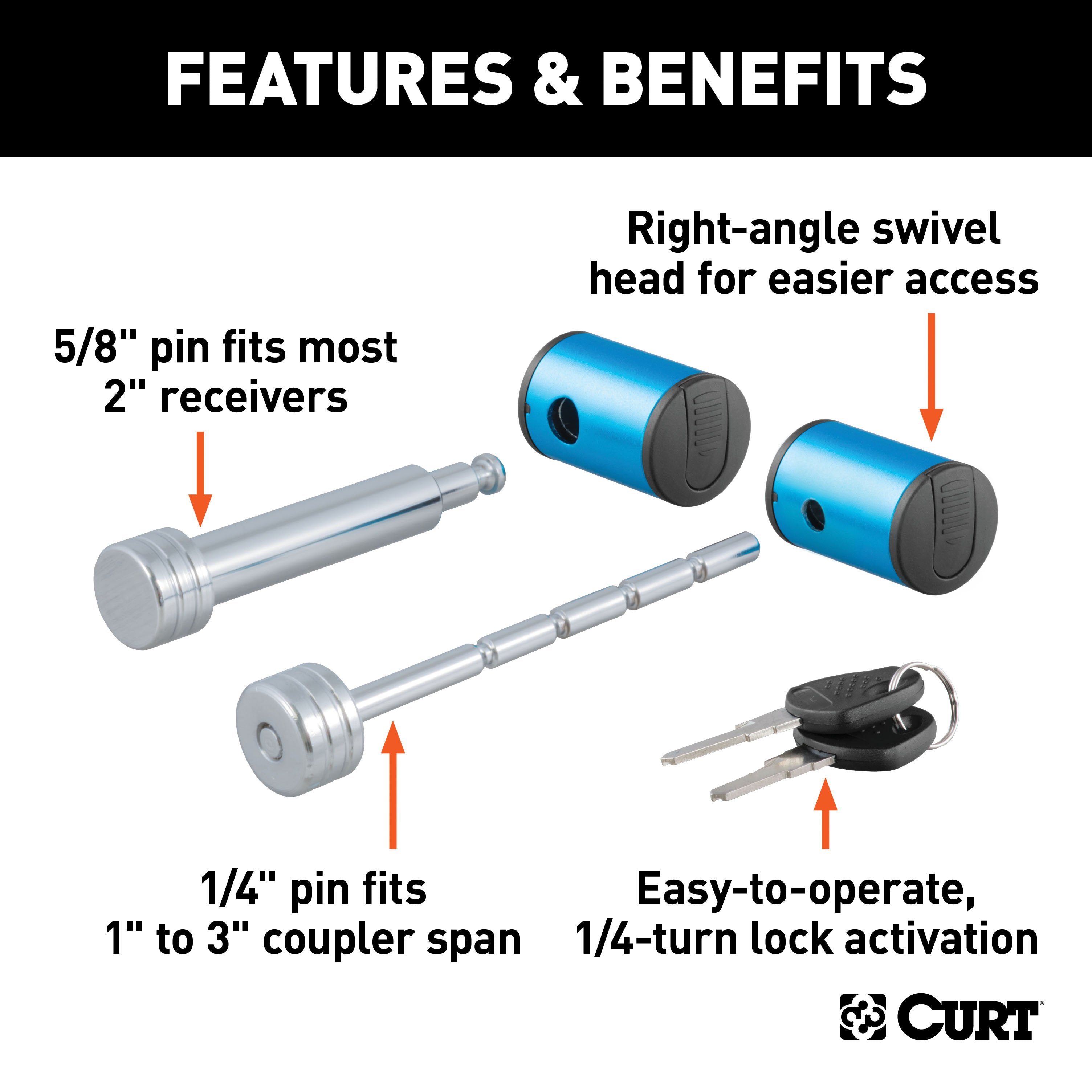 CURT Right-Angle Trailer Lock Set, 5/8-Inch Pin for 2-Inch Receiver, 1/4 x 3-Inch Coupler Span Model 23505