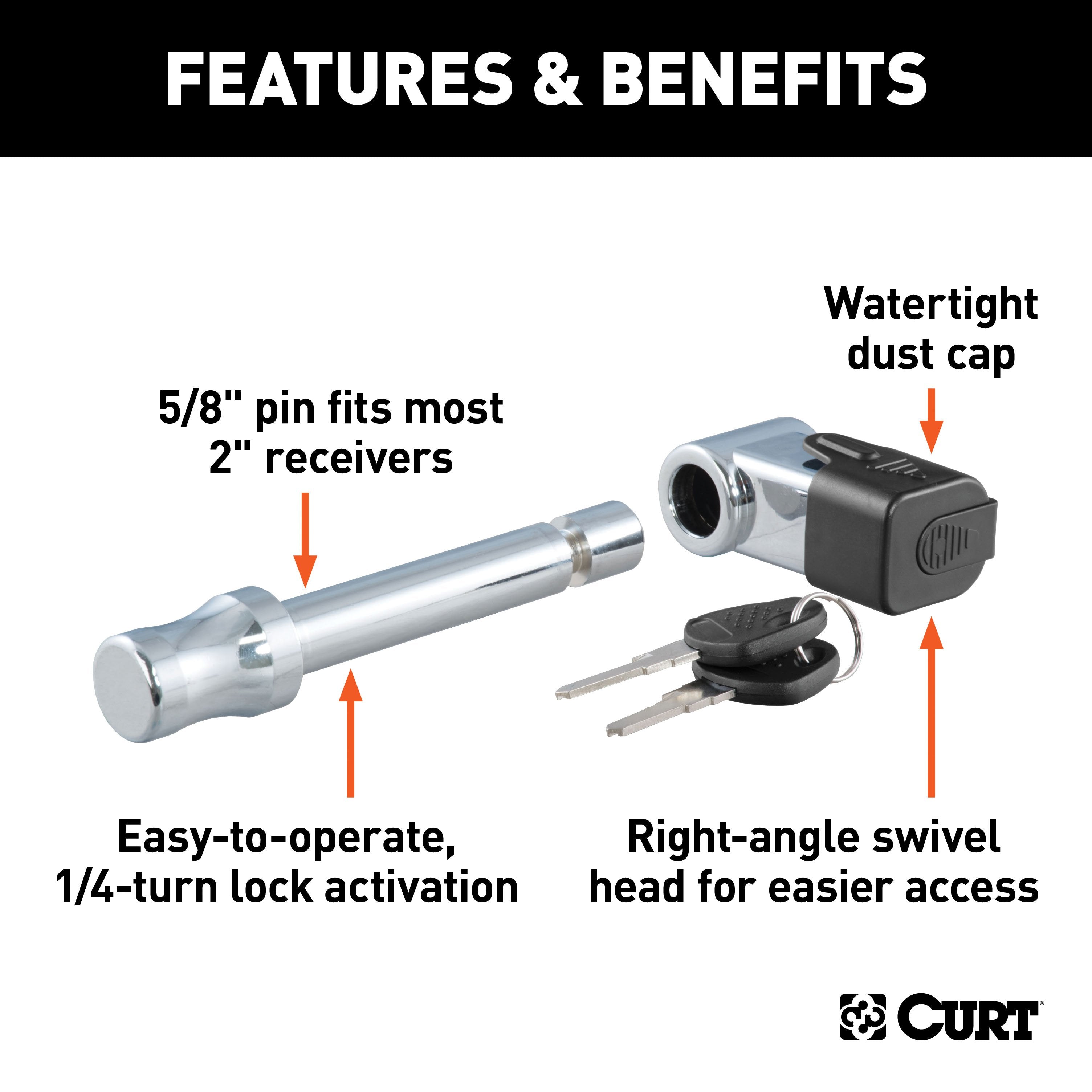 CURT Right-Angle Trailer Hitch Lock, 5/8-Inch Pin Diameter, Fits 2-Inch Receiver Model 23510