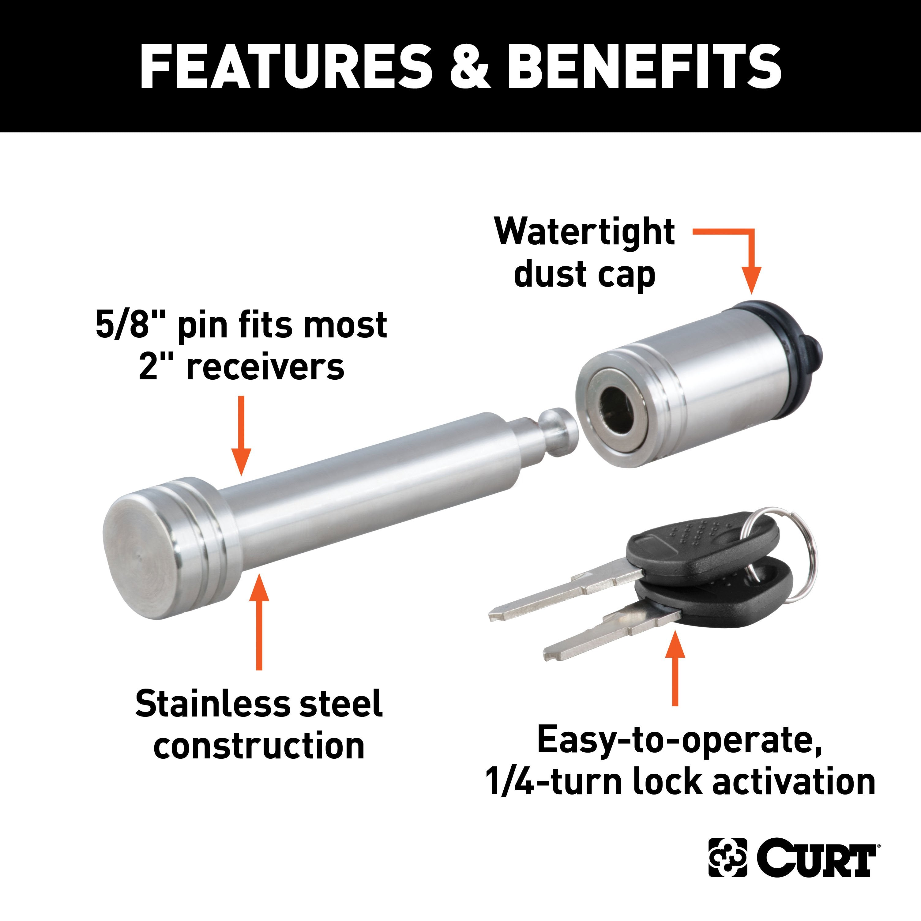 CURT Stainless Steel Trailer Hitch Lock, 5/8-Inch Pin Diameter, Fits 2-Inch Receiver Model 23516