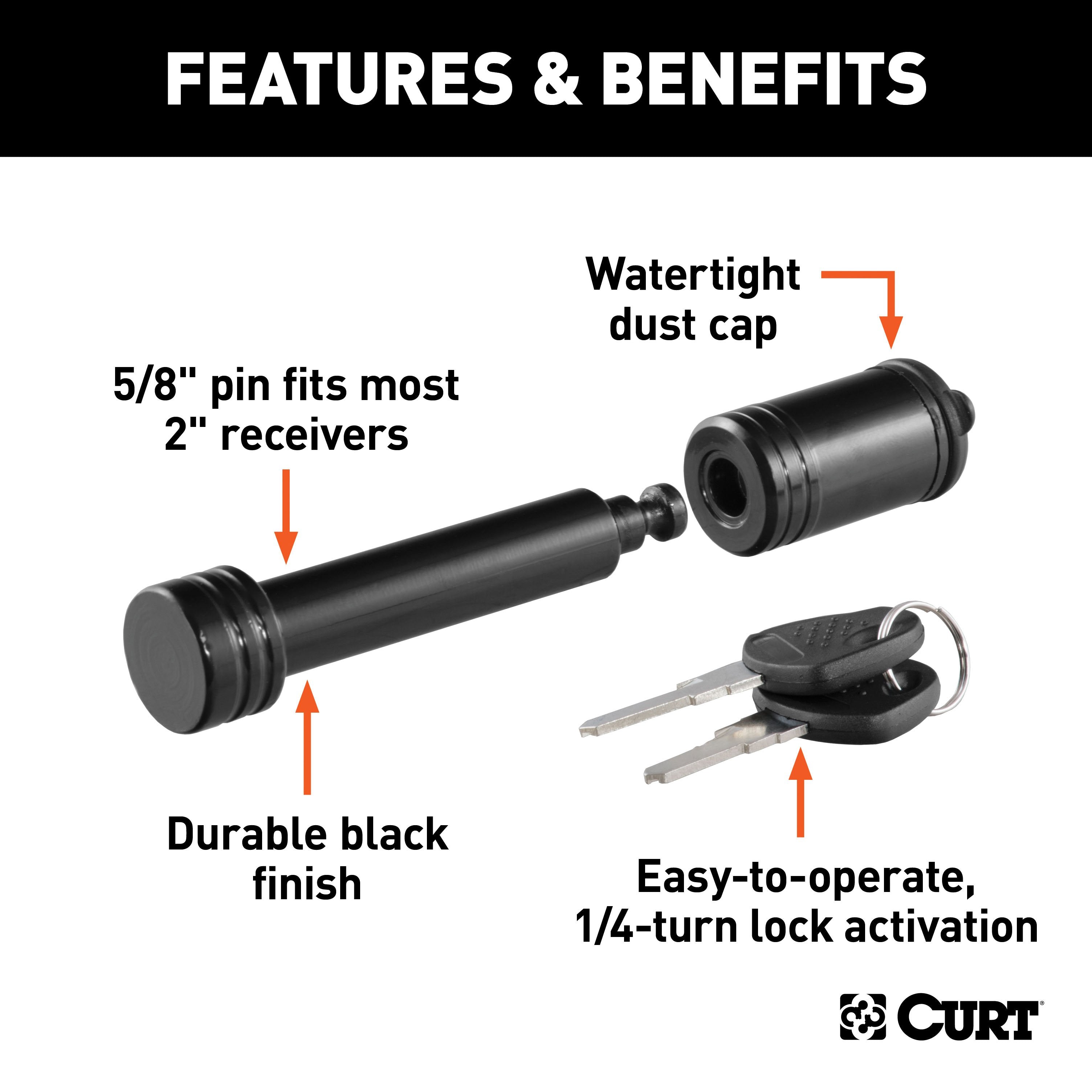 CURT Black Trailer Hitch Lock, 5/8-Inch Pin Diameter, Fits 2-Inch Receiver Model 23518