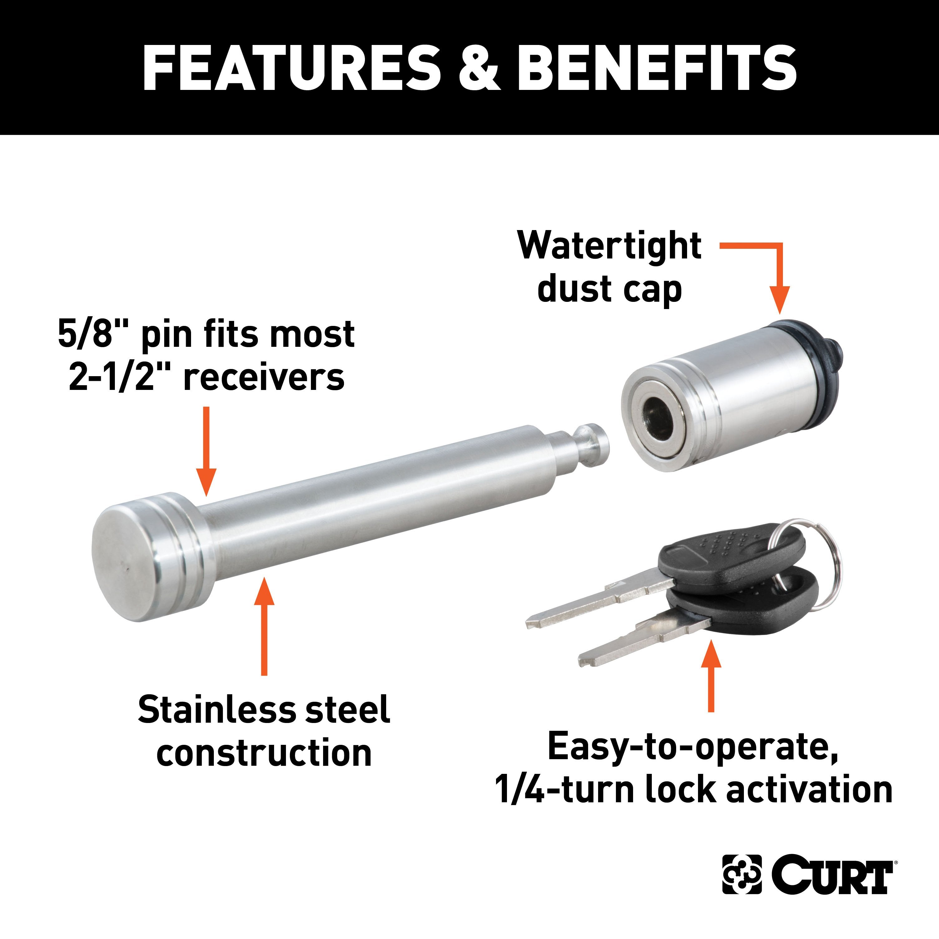 CURT Stainless Steel Trailer Hitch Lock, 5/8-Inch Pin Diameter, Fits 2 or 2-1/2-Inch Receiver Model 23519