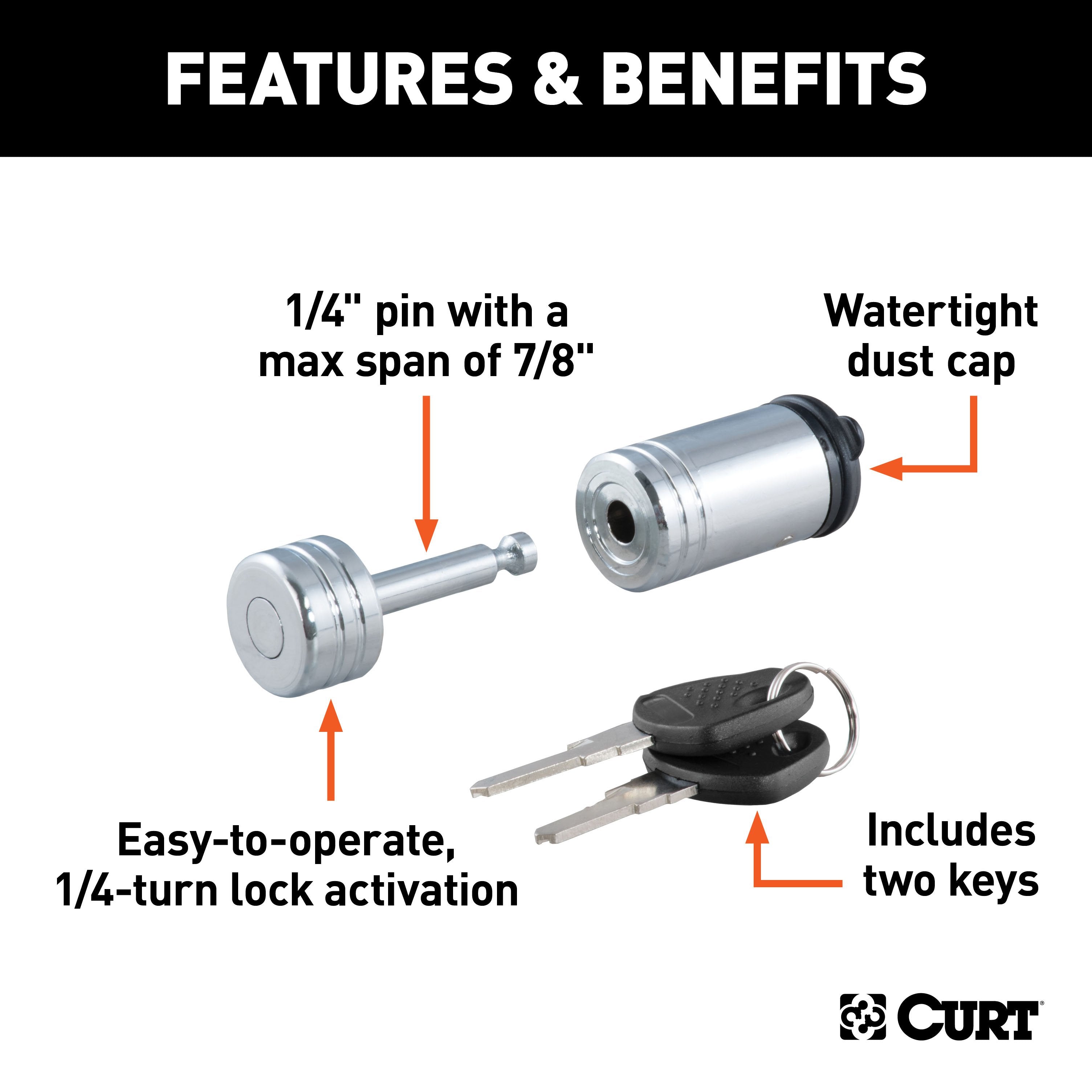 CURT Chrome Trailer Tongue Coupler Lock, 1/4-Inch Pin Diameter, Up to 7/8-Inch Span Model 23520