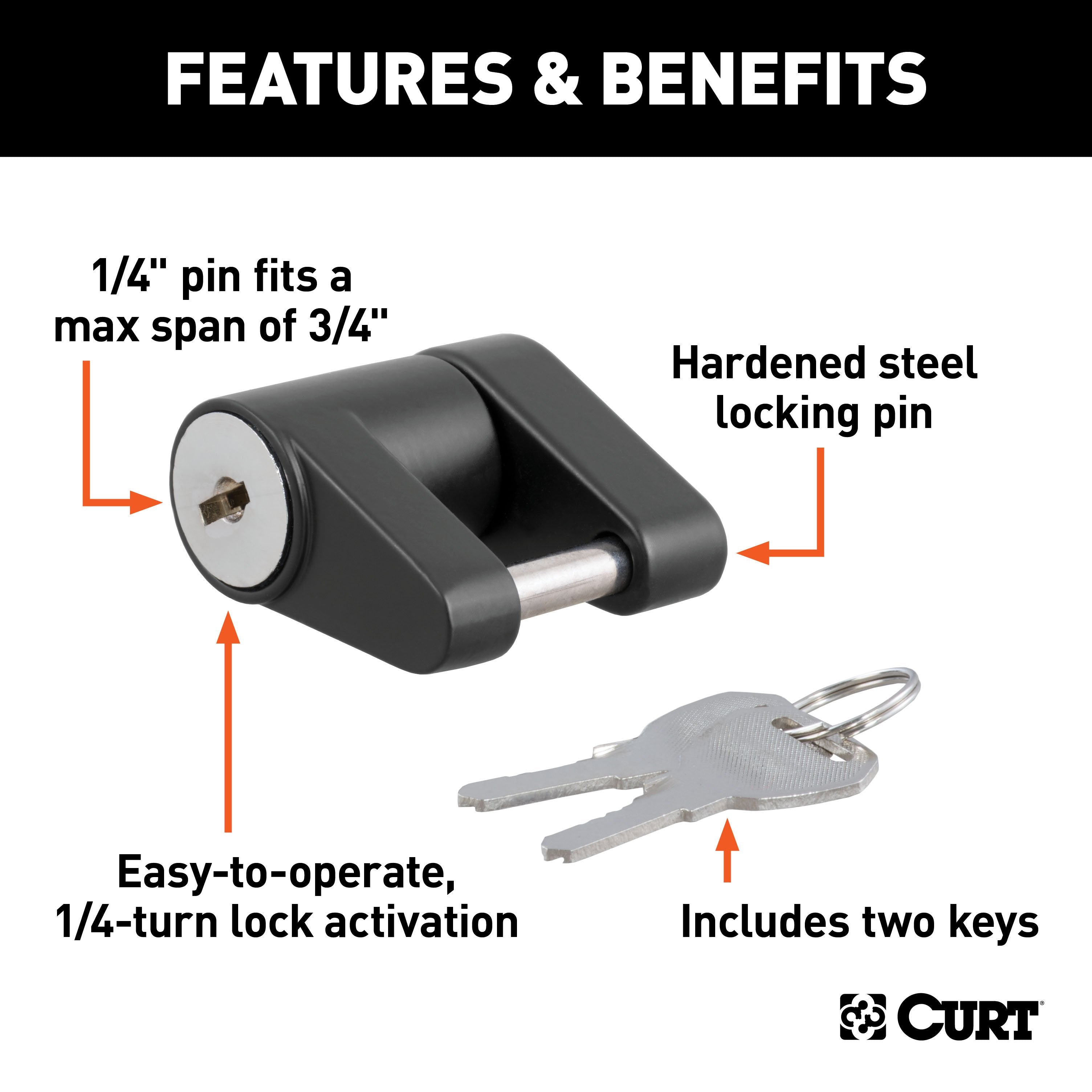 CURT Black Trailer Tongue Coupler Lock, 1/4-Inch Pin Diameter, Up to 3/4-Inch Span Model 23521
