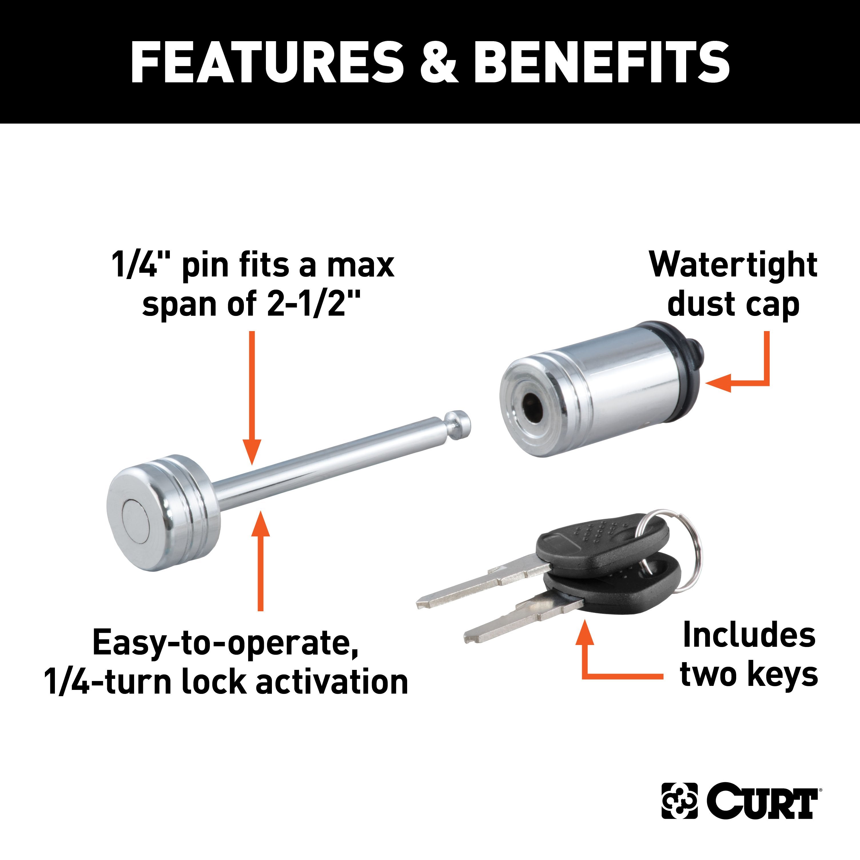 CURT Chrome Trailer Tongue Coupler Lock, 1/4-Inch Pin Diameter, Up to 2-1/2-Inch Span Model 23522