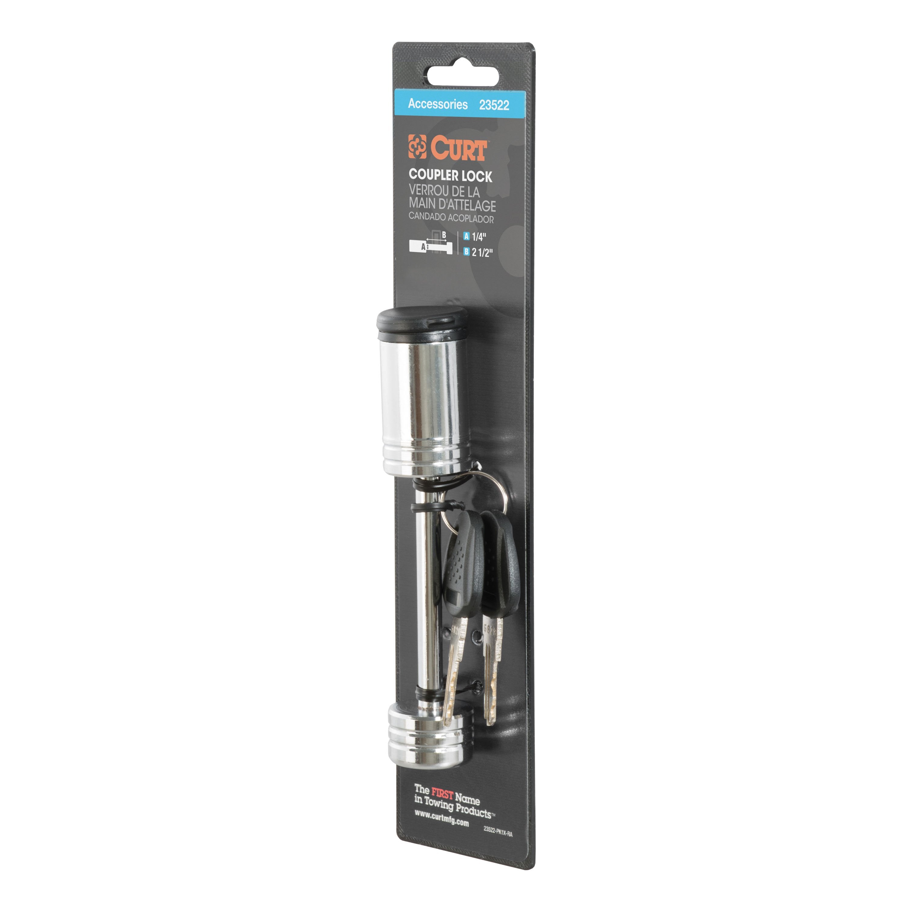 CURT Chrome Trailer Tongue Coupler Lock, 1/4-Inch Pin Diameter, Up to 2-1/2-Inch Span Model 23522