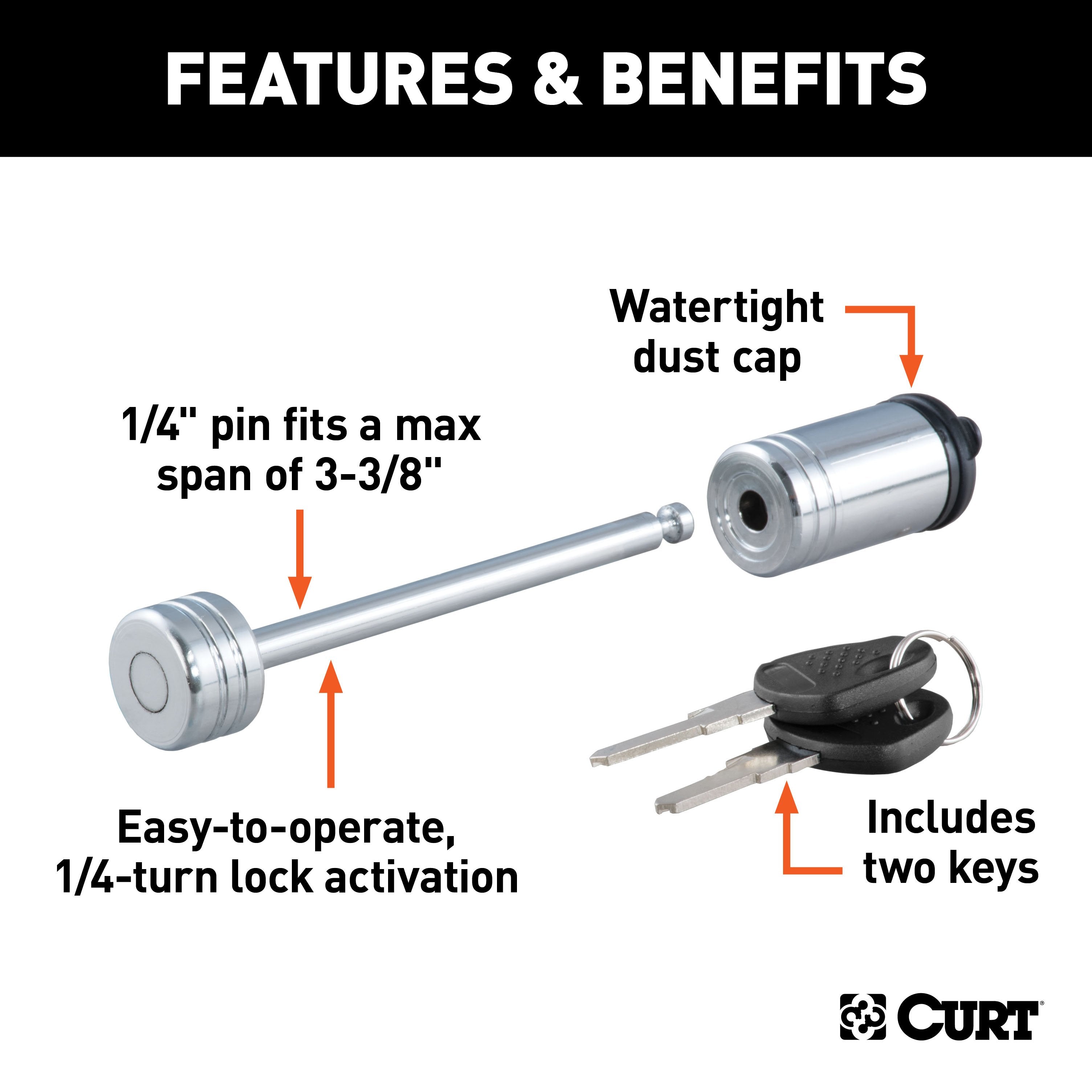 CURT Chrome Trailer Tongue Coupler Lock, 1/4-Inch Pin Diameter, Up to 3-3/8-Inch Span Model 23523