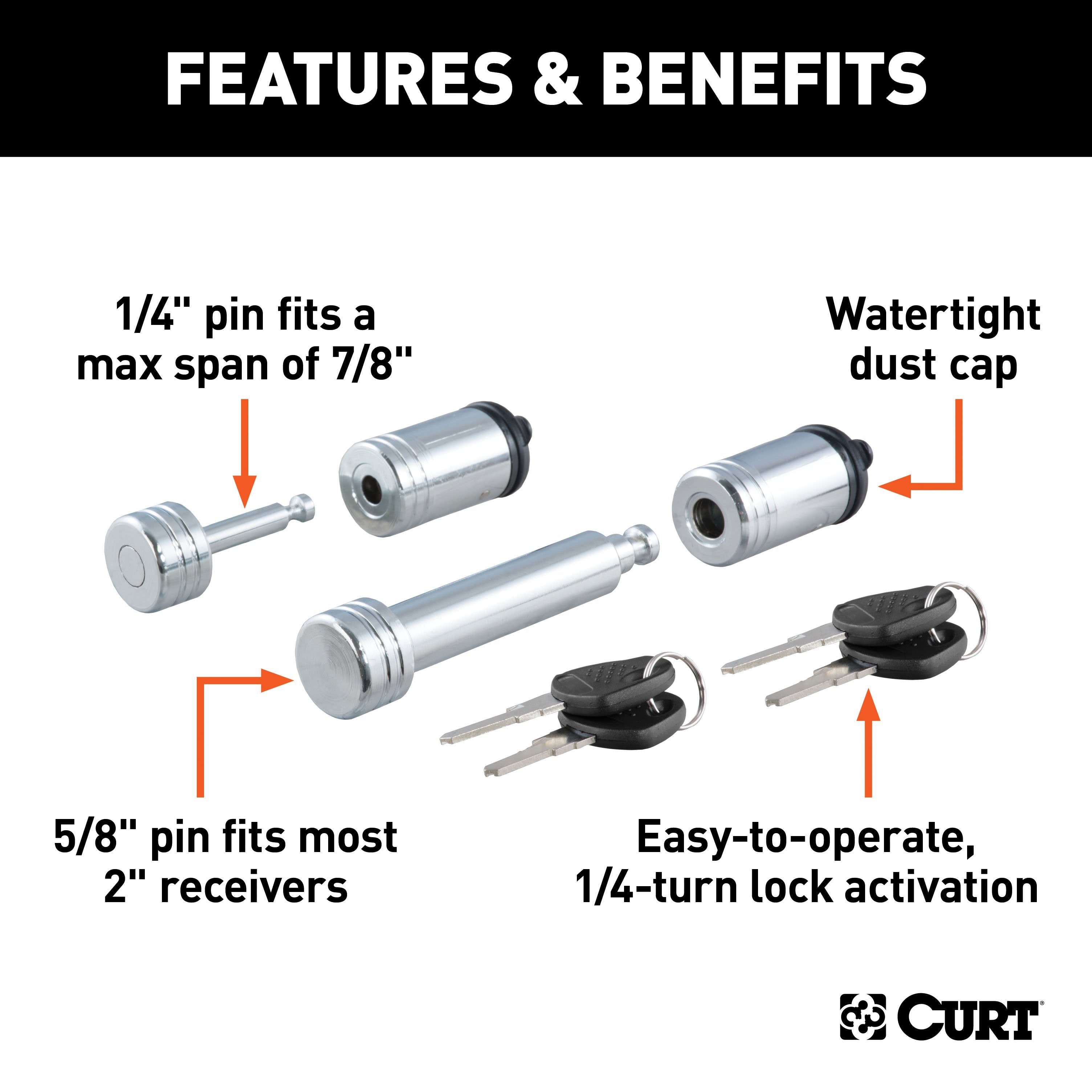 CURT Trailer Lock Set for 2-Inch Receiver, 7/8-Inch Coupler Latch Span Model 23526