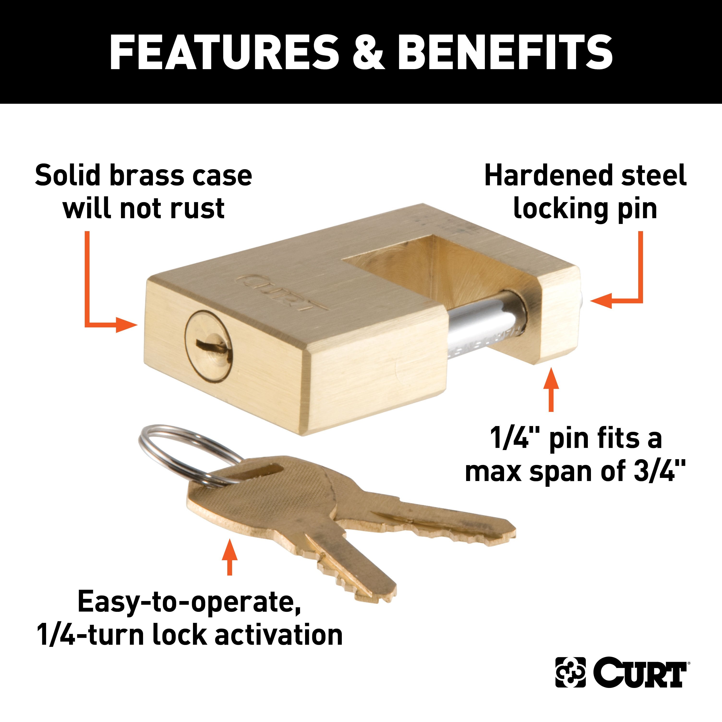 CURT Brass Trailer Tongue Coupler Lock, 1/4-Inch Pin Diameter, Up to 3/4-Inch Span Model 23546