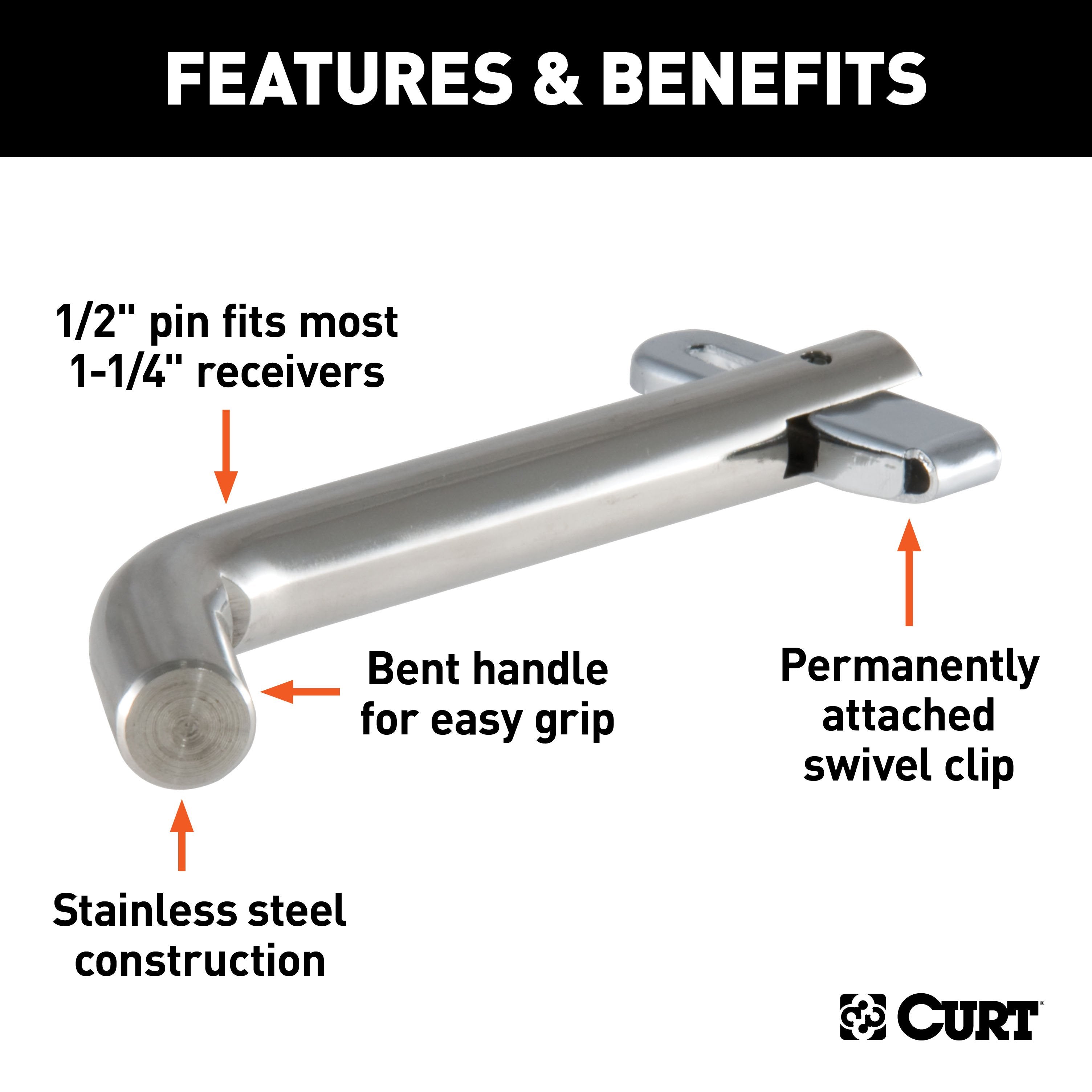 CURT Stainless Steel Swivel Trailer Hitch Pin, 1/2-Inch Diameter, Fits 1-1/4-Inch Receiver Model 23581