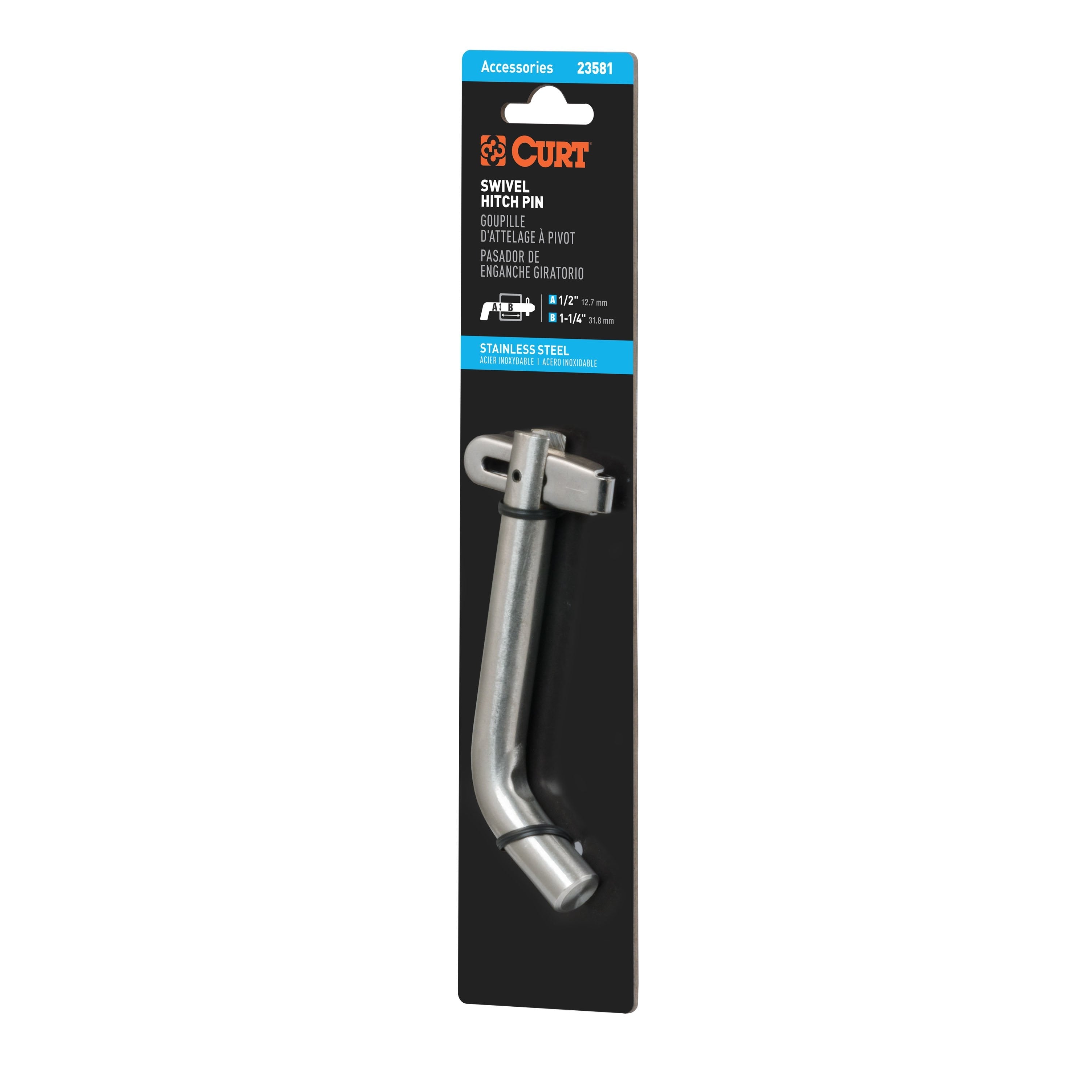 CURT Stainless Steel Swivel Trailer Hitch Pin, 1/2-Inch Diameter, Fits 1-1/4-Inch Receiver Model 23581