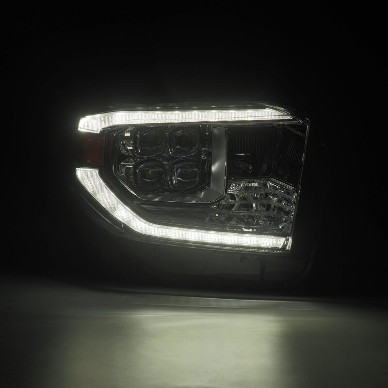 AlphaRex NOVA LED projector headlights for 14-21 Toyota Tundra featuring chrome finish, sequential signals, and switchback DRL.