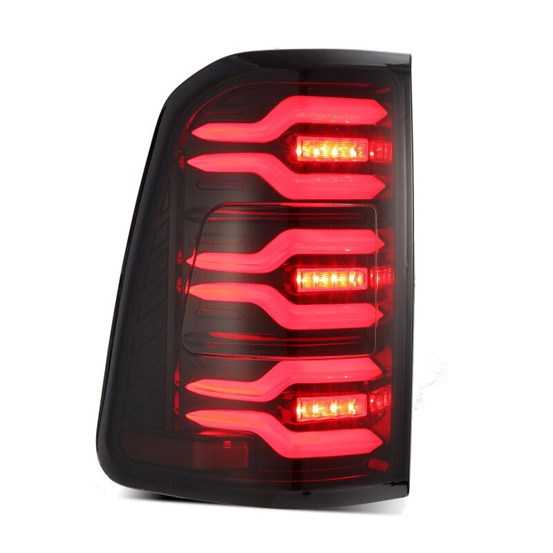 AlphaRex Luxx-Series LED tail lights for 19-21 Dodge Ram 1500 in black and red with sequential signal feature.