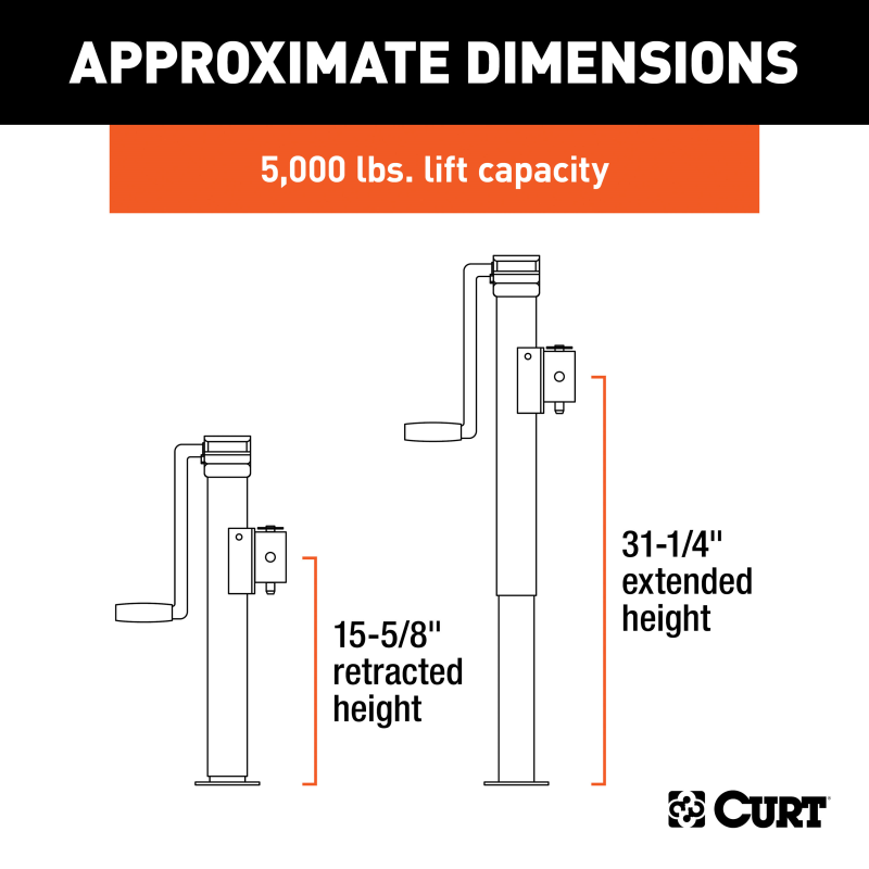 CURT Pipe-Mount Swivel Trailer Jack with Side Handle (5,000 lbs, 15" Travel) Model 25005