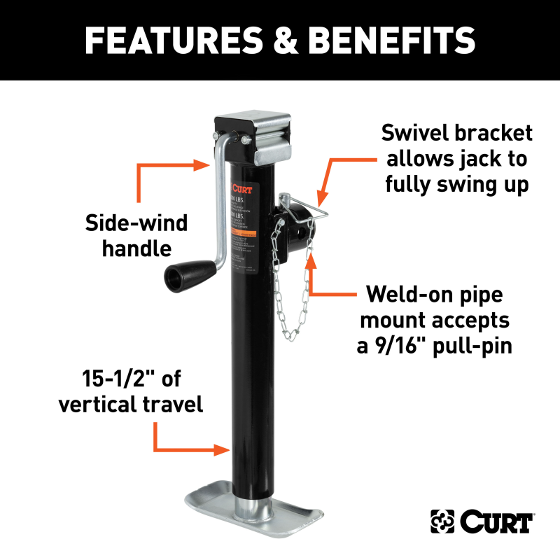 CURT Pipe-Mount Swivel Trailer Jack with Side Handle (5,000 lbs, 15" Travel) Model 25005