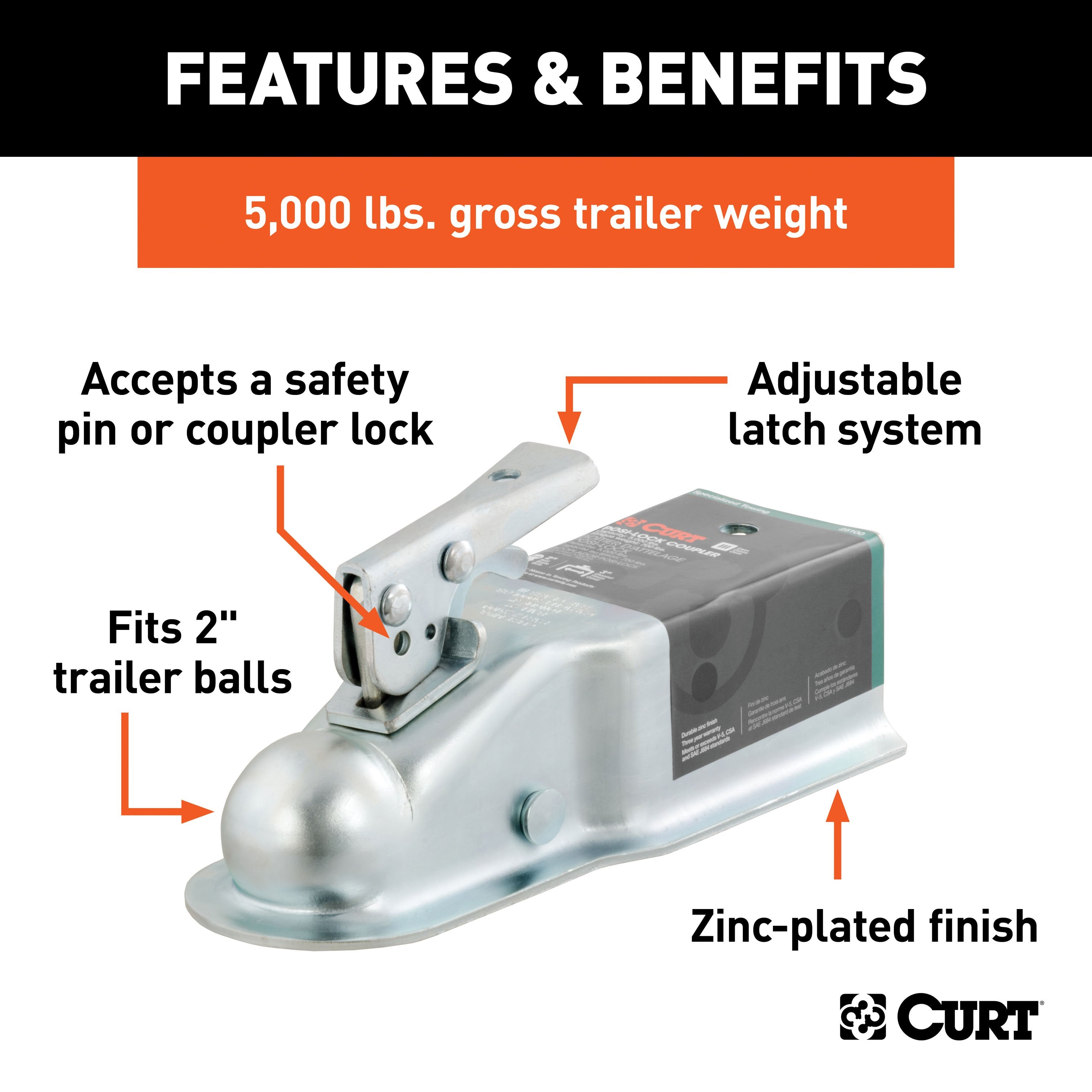 CURT Straight Tongue Trailer Coupler for 3-Inch Channel, 2-In Hitch Ball, 5,000 lbs Model 25100