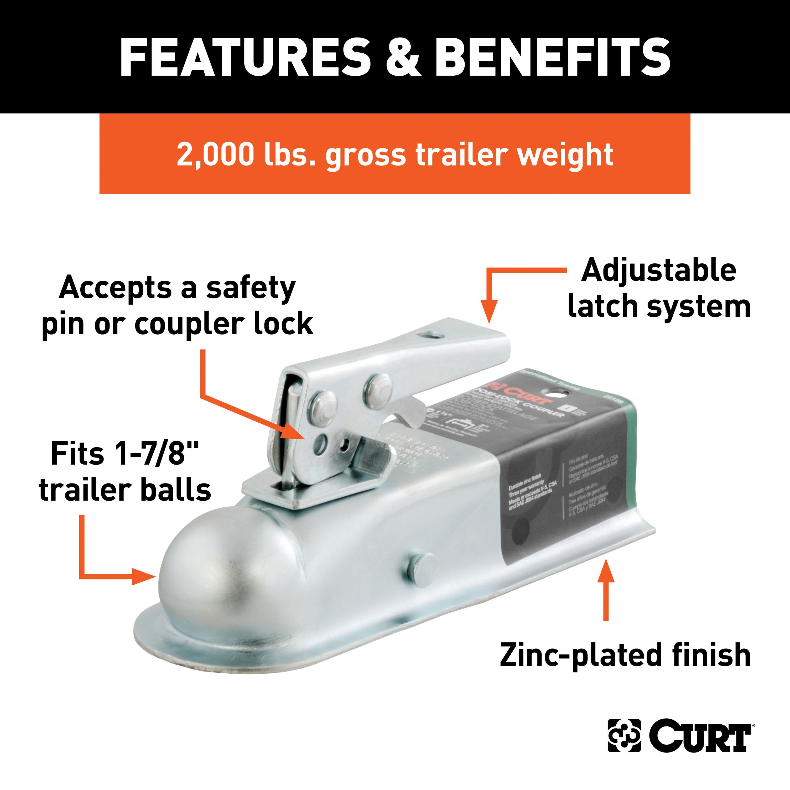 CURT Straight Tongue Trailer Coupler for 2-Inch Channel, 1-7/8-In Hitch Ball, 2,000 lbs Model 25128