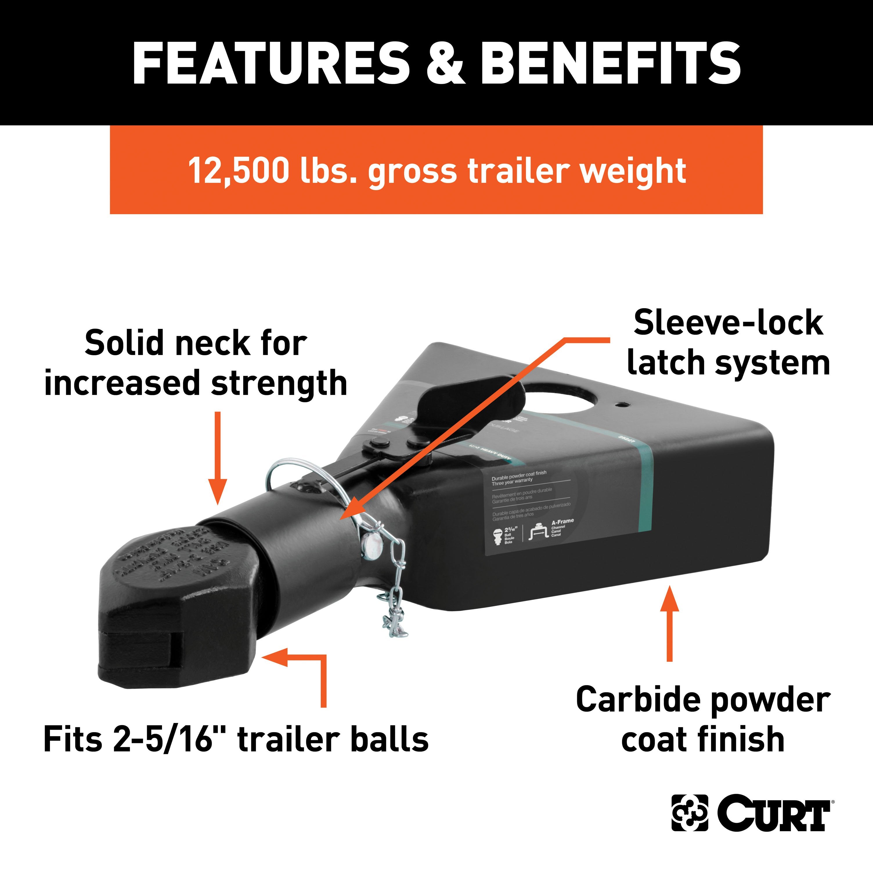 CURT Black A-Frame Trailer Coupler, 2-5/16-Inch Hitch Ball, 12,500 lbs Model 25227