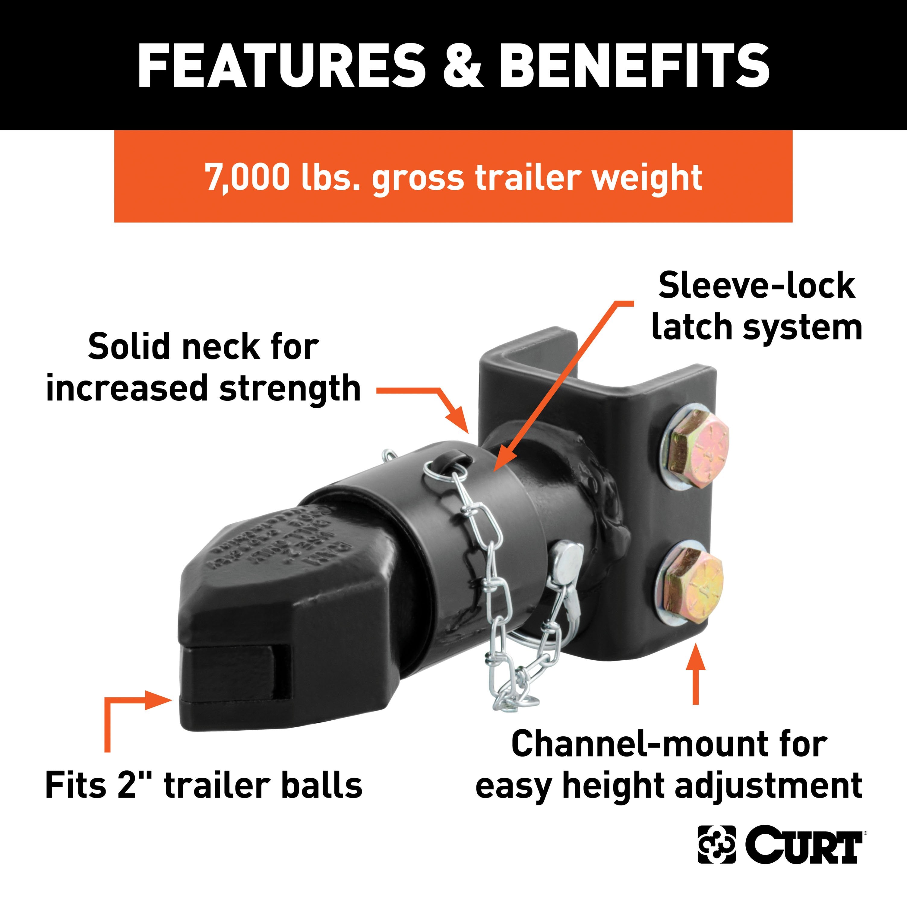 CURT Channel-Mount Adjustable Trailer Coupler, 2-Inch Hitch Ball, 7,000 lbs Model 25319
