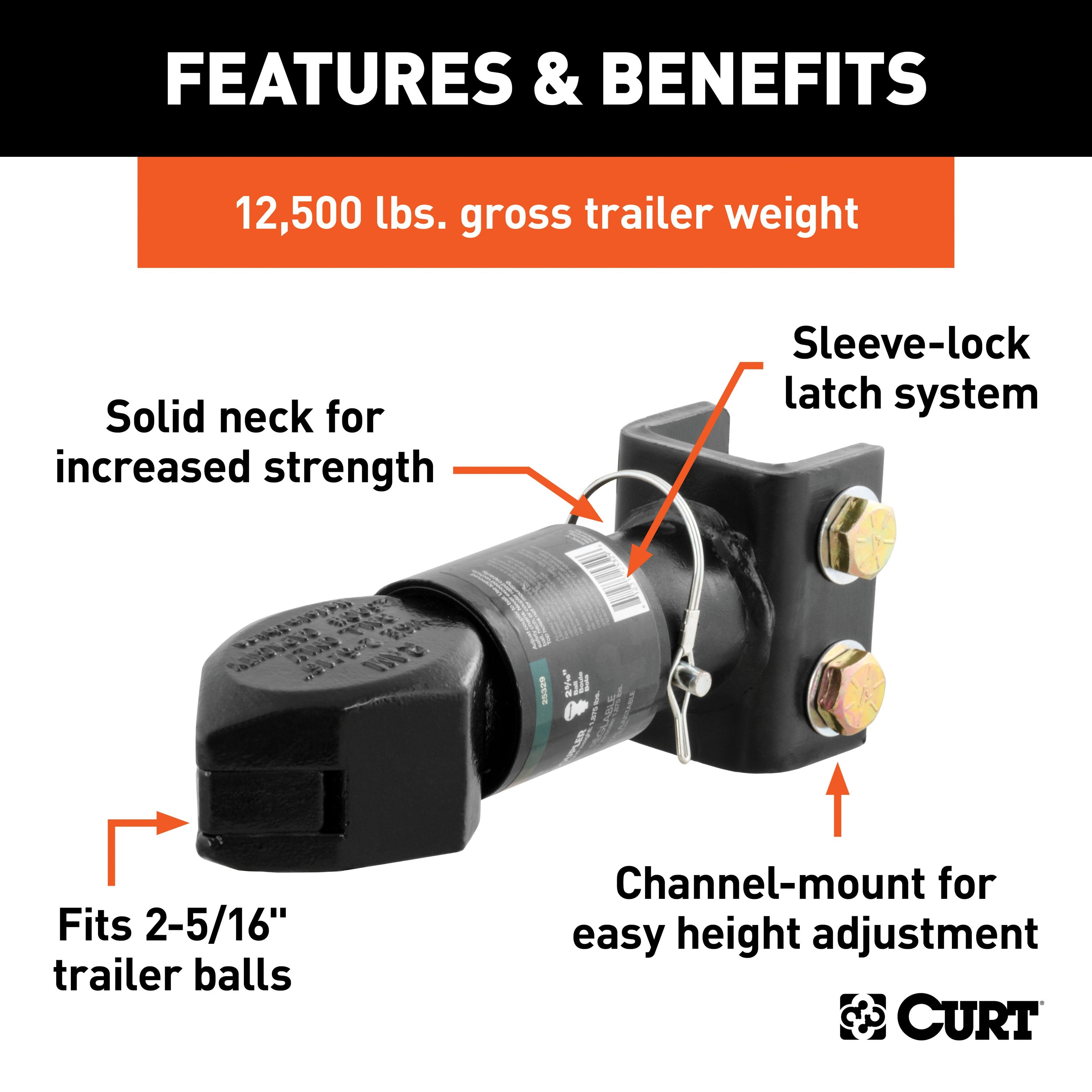 CURT Channel-Mount Adjustable Trailer Coupler, 2-5/16-Inch Hitch Ball, 12,500 lbs Model 25329