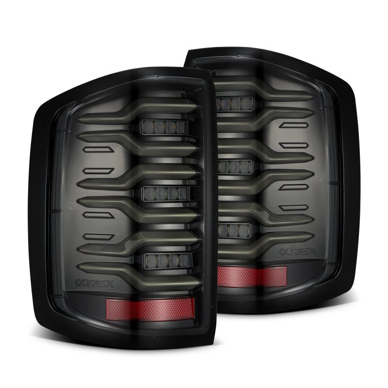 AlphaRex Luxx-Series LED tail lights for 14-18 Chevy Silverado 1500 in alpha-black with sequential signals.