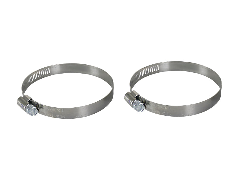 Stainless steel clamp kit for secure connections, fits 2-13/16 to 3-3/4 inch ID range, includes two clamps.