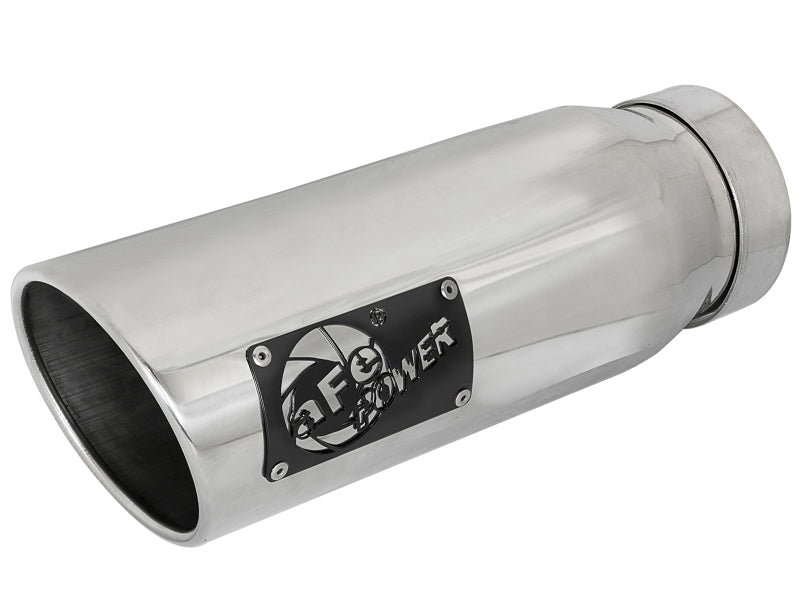 Polished afe MACH Force-Xp universal exhaust tip with a 4-inch inlet, 5-inch outlet, and 12-inch length for enhanced performance.